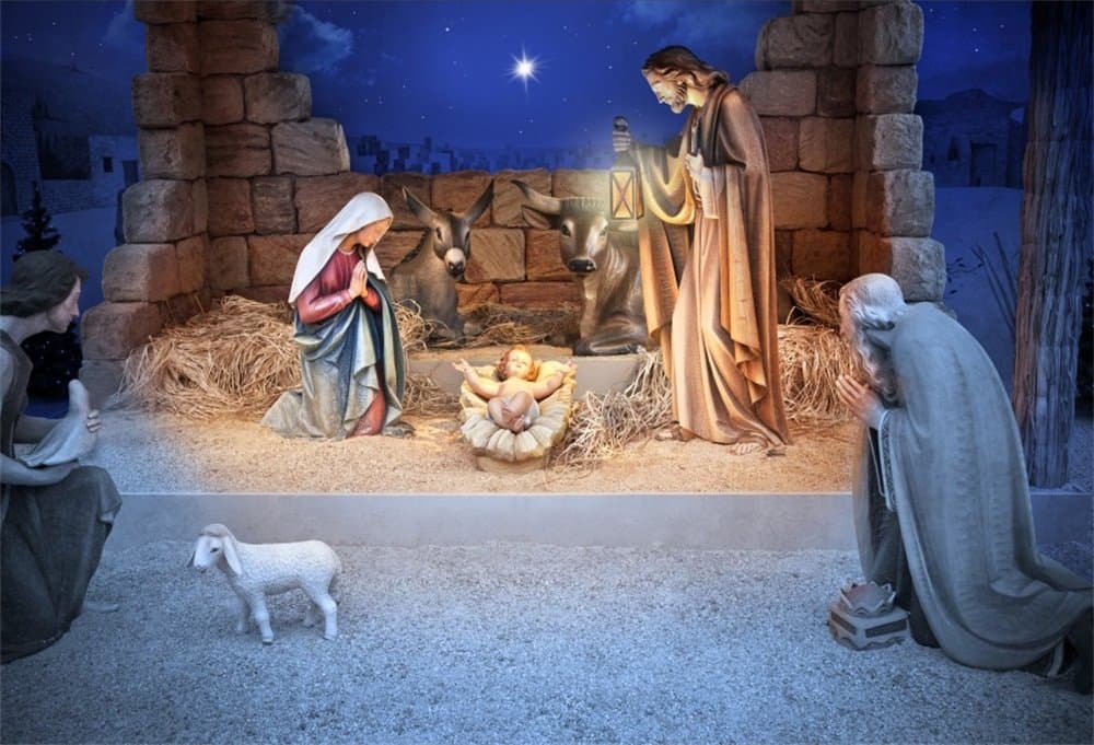 LFEEY 7x5ft Christmas Manger Scene Backdrop Religious Bethlehem Star Night Holy Family Nativity Scene Barn Stable Lamb Birth of Jesus Photography Background Photo Studio Props