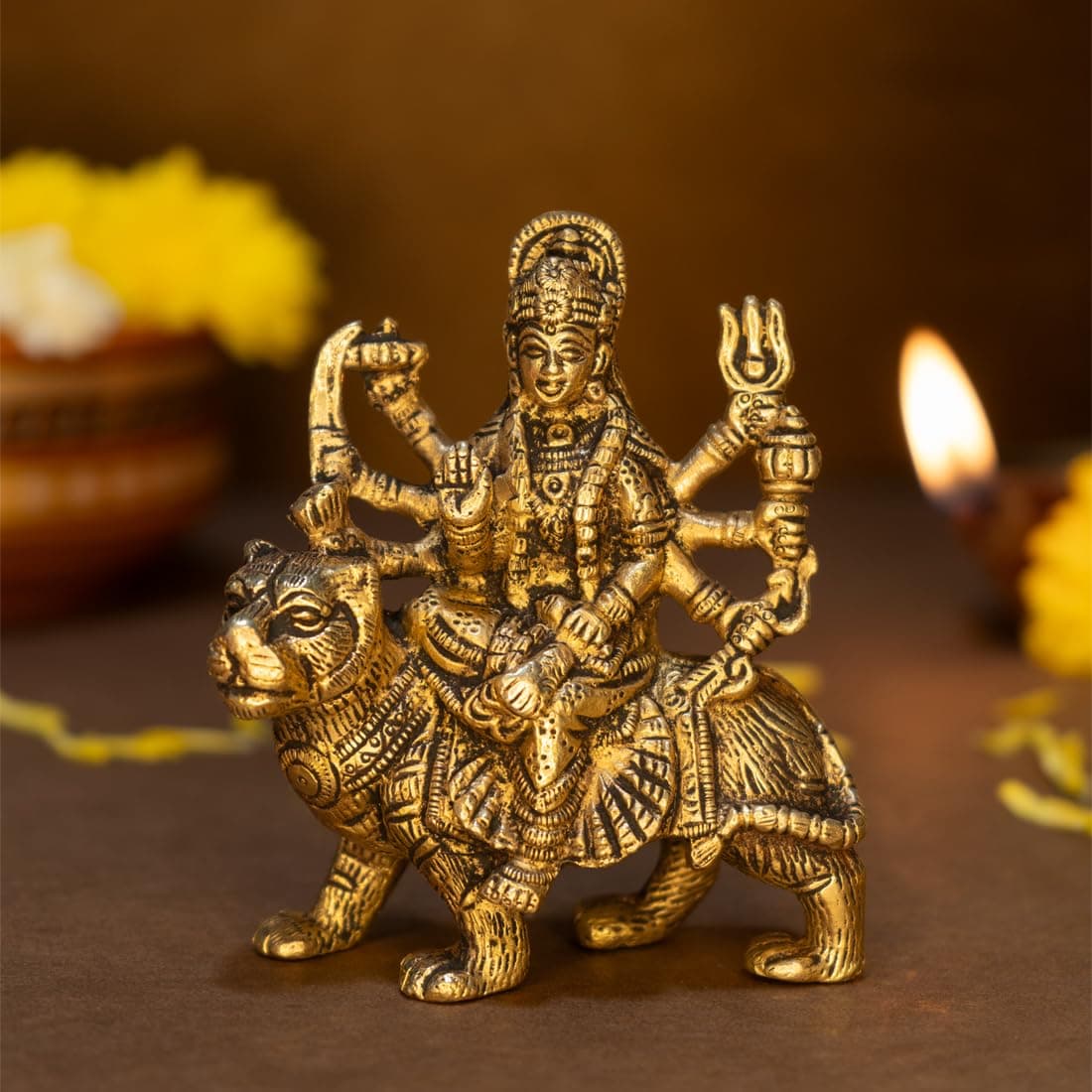 Ekhasa 100% Pure Brass Durga Maa Idol (Size: 12.8 cm) | Durga MATA Murti for Home Decor & Puja Room | MATA Rani for Office Desk | Maa Durga for Gift | Sherawali Murti