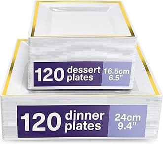 MATANA 240 Premium White Square Plastic Plates With Gold Rim - 120 24cm Dinner, 120 16.5cm Dessert - Elegant & Reusable for Weddings, Birthdays, BBQ, Parties
