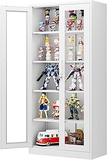 Display Cabinet with Glass Doors, 71 Inches Metal Display Case with 4 Adjustable Shelves, Curio Storage Cabinet with Lock for Home, Office, Book, Pantry, Assemble Required (White)