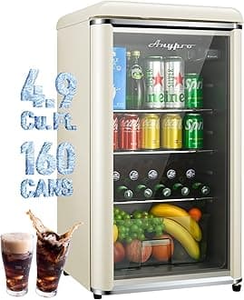 4.9 Cu.Ft Beverage Refrigerator, Retro Fridge with Tempered Glass Door, Wine Drink Beer Fridge for Dorm, Office, Bedroom, Bar, 7 Temperatures, Adjustable Removable Shelves