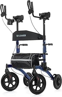 ELENKER All-Terrain Upright Rollator Walker, Stand up Rolling Walker with Seat, 12” Non-Pneumatic Tire Wheels, Compact Folding Design for Seniors, Blue