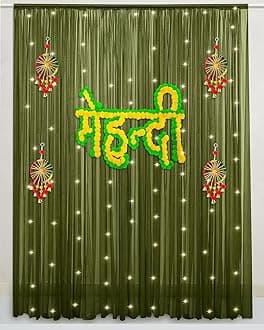 SpecialYou Haldi Mehendi decor items for marriage kit with Green chiffon backdrop with haldi Mehendi board banner & Latkans, Home decor for haldi mehndi, backdrop, wedding decor-12pcs