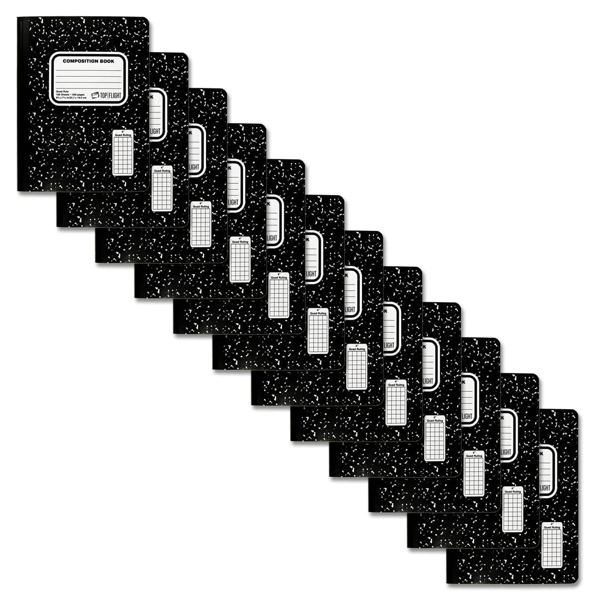 Top Flight Sewn Marble Composition Book, Black/White, Quad Rule, 4 Squares per Inch, 9.75 x 7.5 Inches, 100 Sheets, Pack of 12 (4511928)