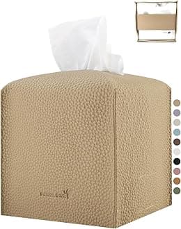 Tissue Box Cover 5X5X5'' PU Leather Tissue Holder Square Tissue Cube Box Organizer for Bathroom Vanity Countertop, Car, Night Stands, Office, Home, Kitchen (1Pack, Wood Apricot)