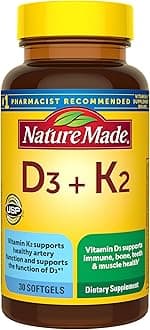 Nature Made Vitamin D3 K2 Supplement, 5000 IU (125 mcg) Vitamin D for Bone, Teeth, Muscle and Immune Support, 30 D3 and K2 Softgels, 30 Day Supply