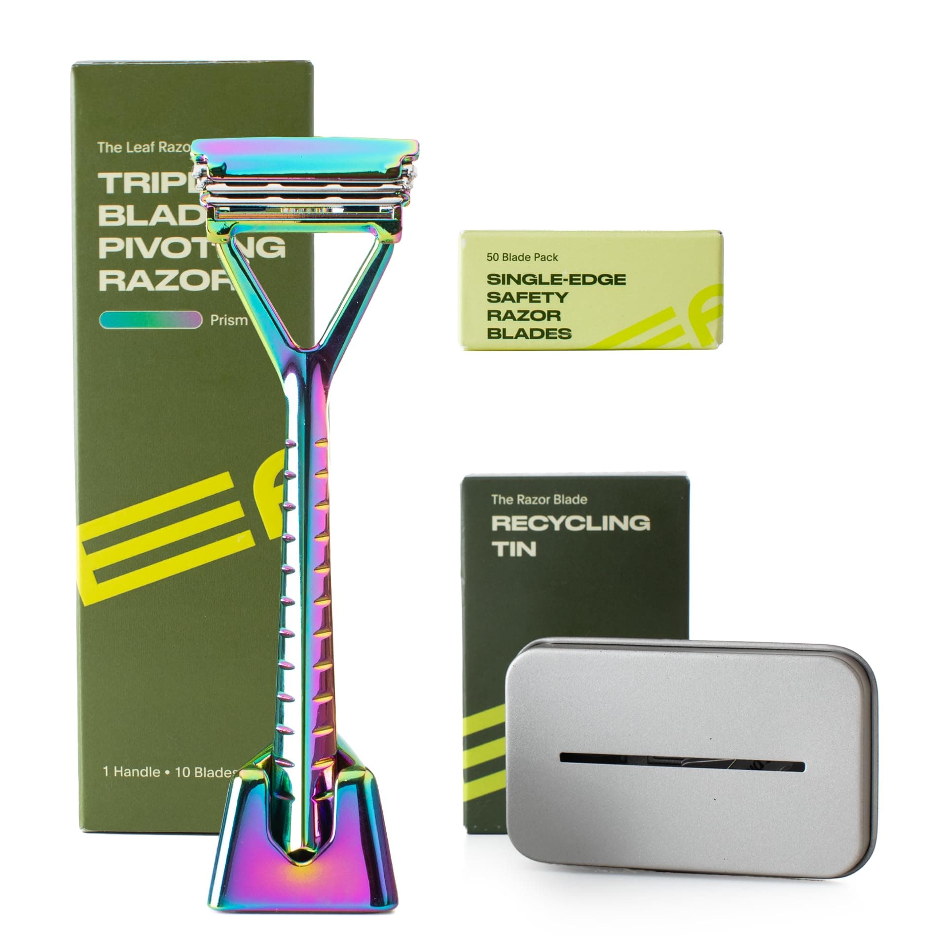 Leaf Shave | Leaf Razor Set, All-Metal Safety Razor with Pivoting Head & Adjustable Blade Loading, Includes Matching Stand, 50 Single-Edge Refills, and Recycling Bank for Used Blades - Prism