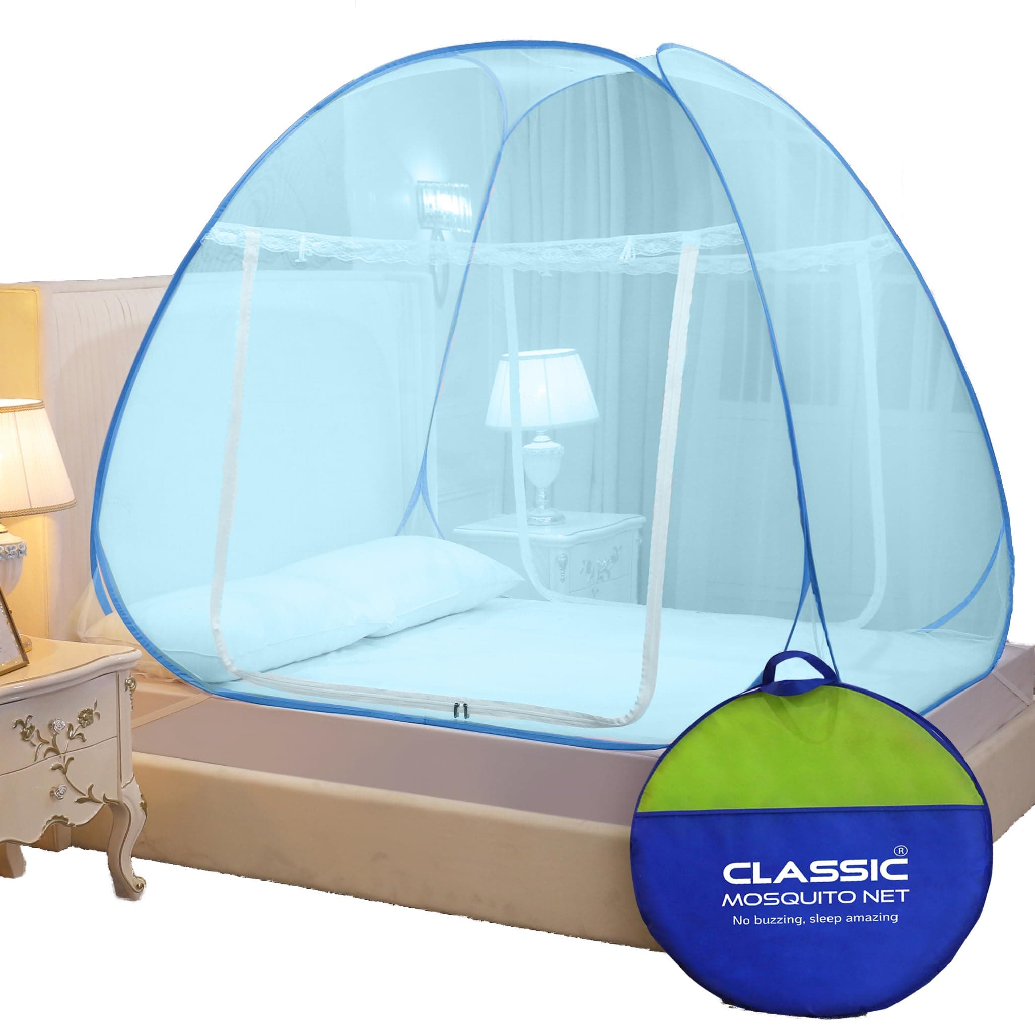 Classic Mosquito Net for Double Bed | Queen Size Foldable Machardani | Polyester 30GSM Strong Net | PVC Coated Corrosion Resistant Steel Wire - Full Blue