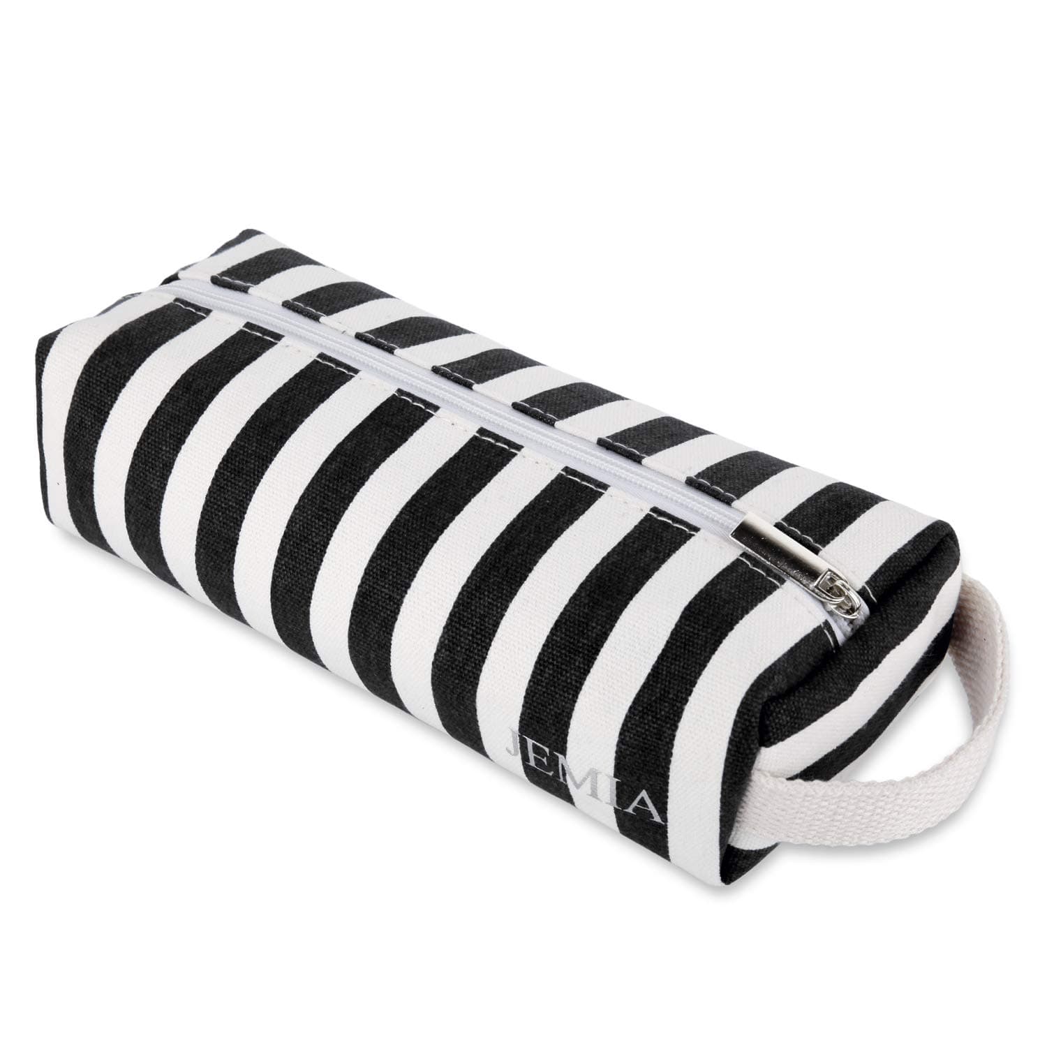 JEMIA Single Compartment Collection 1 Independent Zipper Chambers with Handle Strap Pencil Case (Black White Stripes, Canvas)