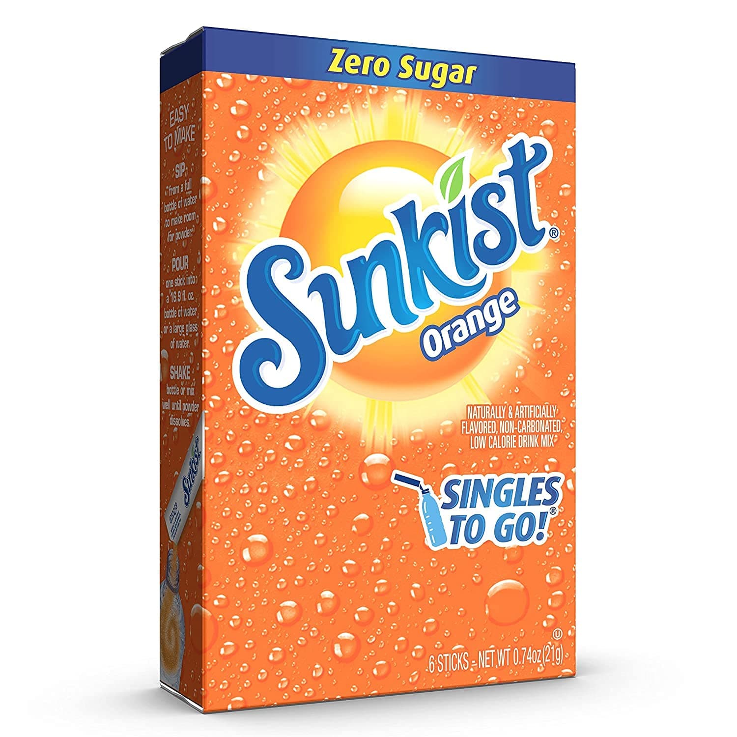 SINGLES TO GO! Sunkist Singles To Go Drink Mix Orange, 3 Boxes with 6 Packets Each -18 Total Servings
