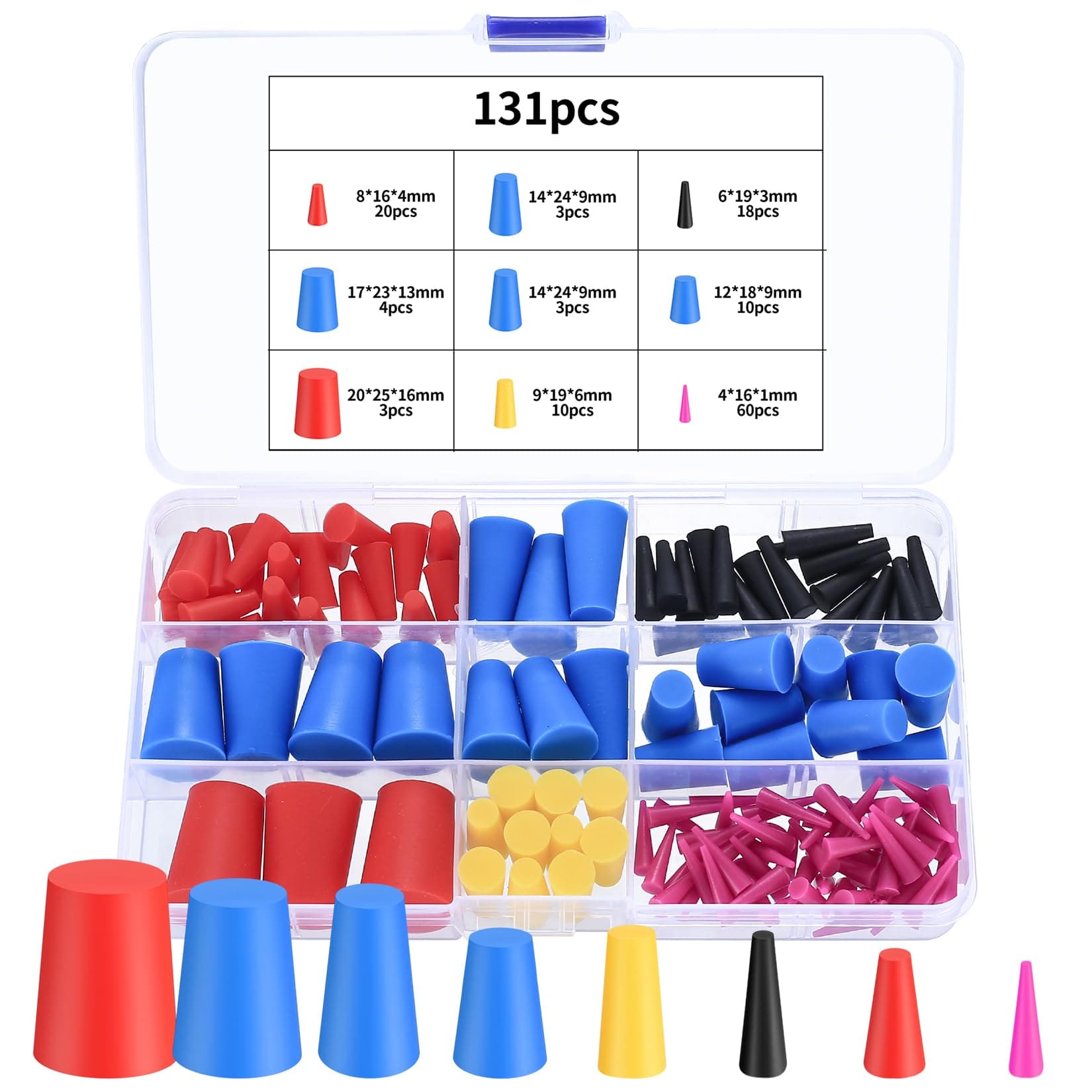131 Pcs Silicone Rubber Bungs for Holes, Tapered Solid Rubber Stoppers, Silicone Rubber Tapered Plugs, High-Temperature Resistant Rubber Stoppers Plugs for Hole Plugs Spraying Coating, 8 Sizes