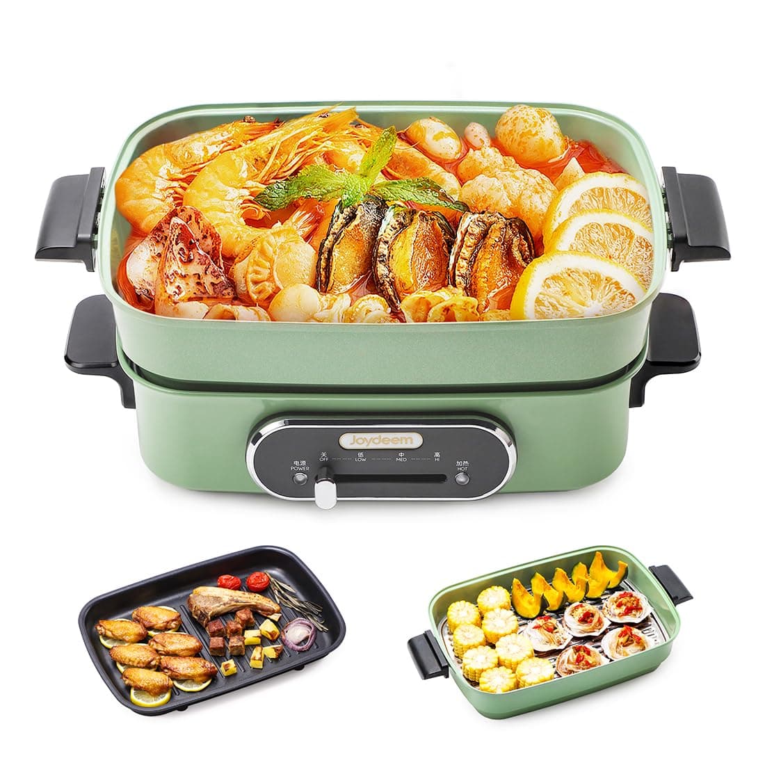 3-in-1 Electric Hot Pot, Multi-use Shabu Shabu Pot with Grill Pan & Steamer, Non-stick Ceramic Oil Coating, UL Listed, JD-HG9088G, Green