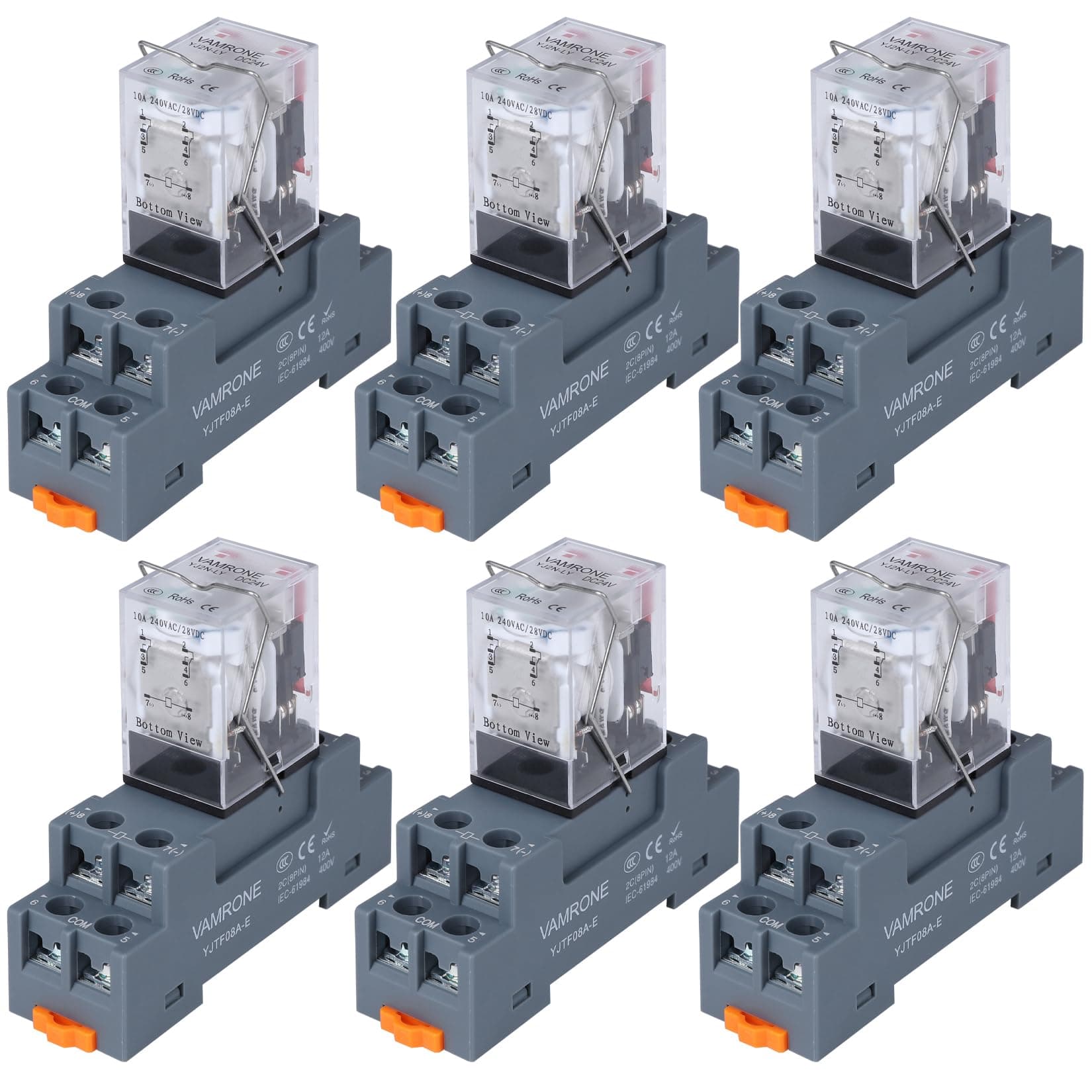 6PCS Electromagnetic Power Relay, 8-Pin 10 AMP 24V DC Relay Coil with Socket Base, LED Indicator, DPDT 2NO 2NC - MY2NJ [Applicable for DIN Rail System]