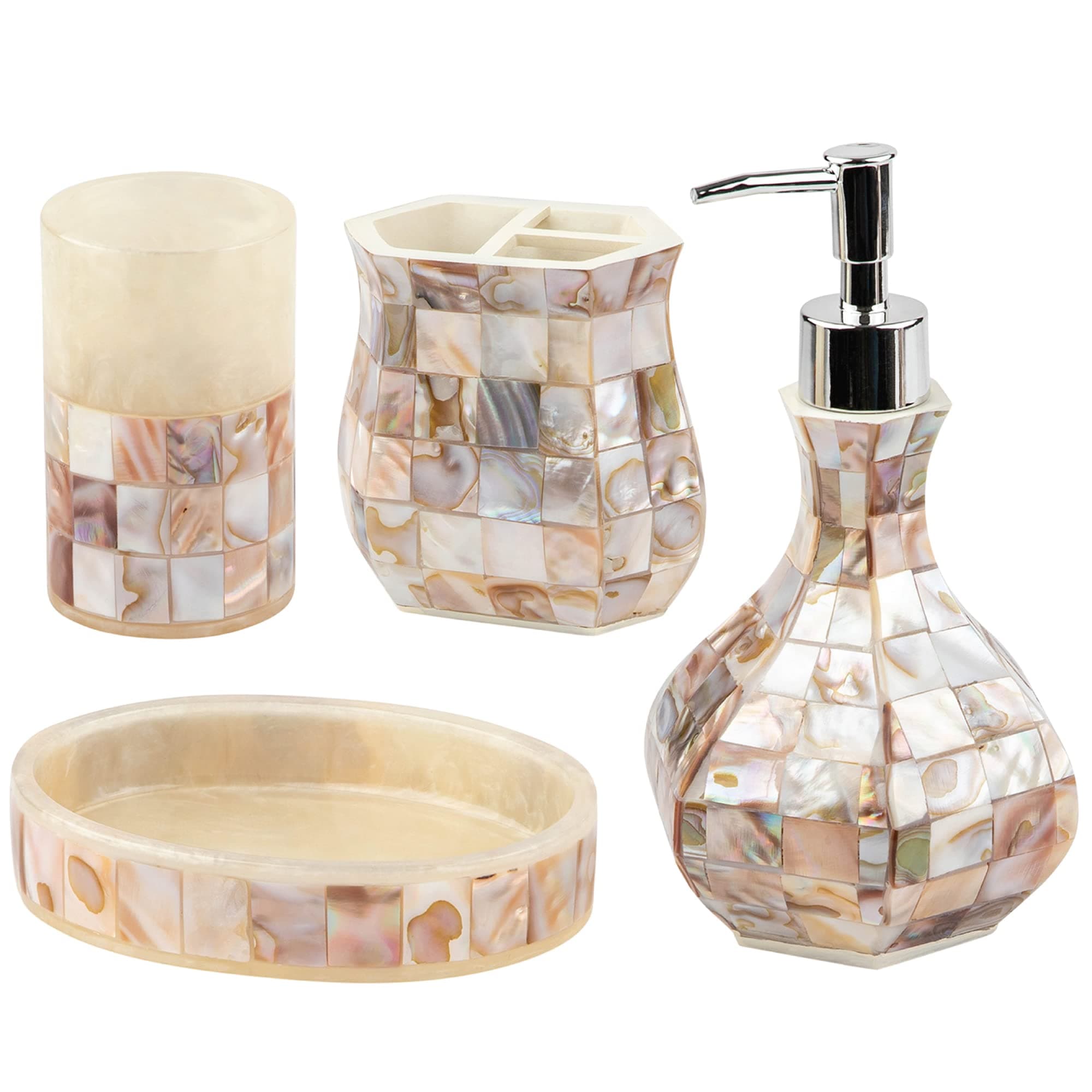 Milano Bathroom Accessories Set - 4 Piece Bathroom Accessory Set with Natural Mother of Pearl Shells - Decorative Bathroom Set Includes: Soap Dispenser, Toothbrush Holder, Tumbler and Soap Dish