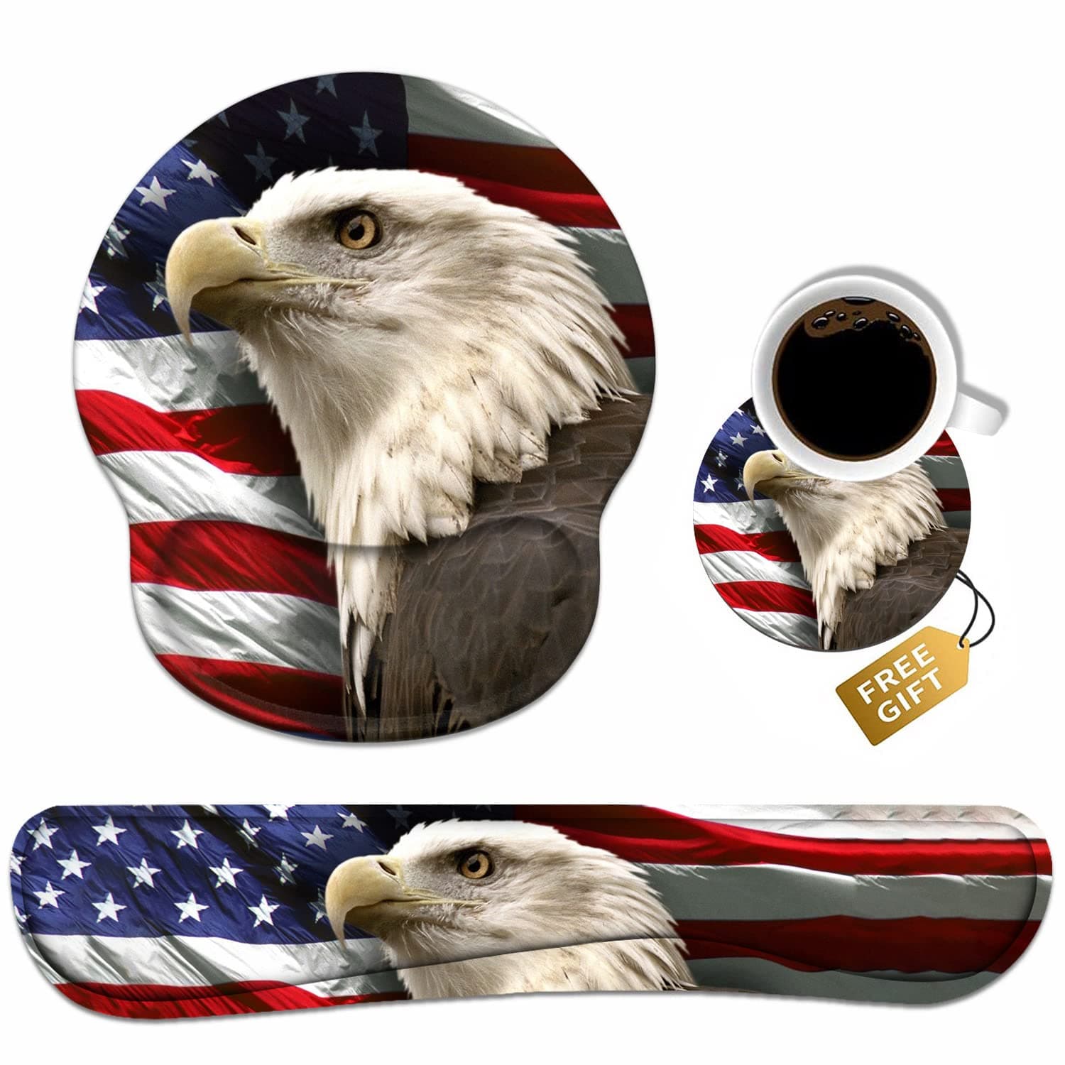 Keyboard Wrist Rest and Mouse Pad Wrist Support Set with Coasters, Non-Slip PU Base Ergonomic Mousepad for Home Office Working Studying Easy Typing & Pain Relief, Patriotic American Flag Bald Eagle