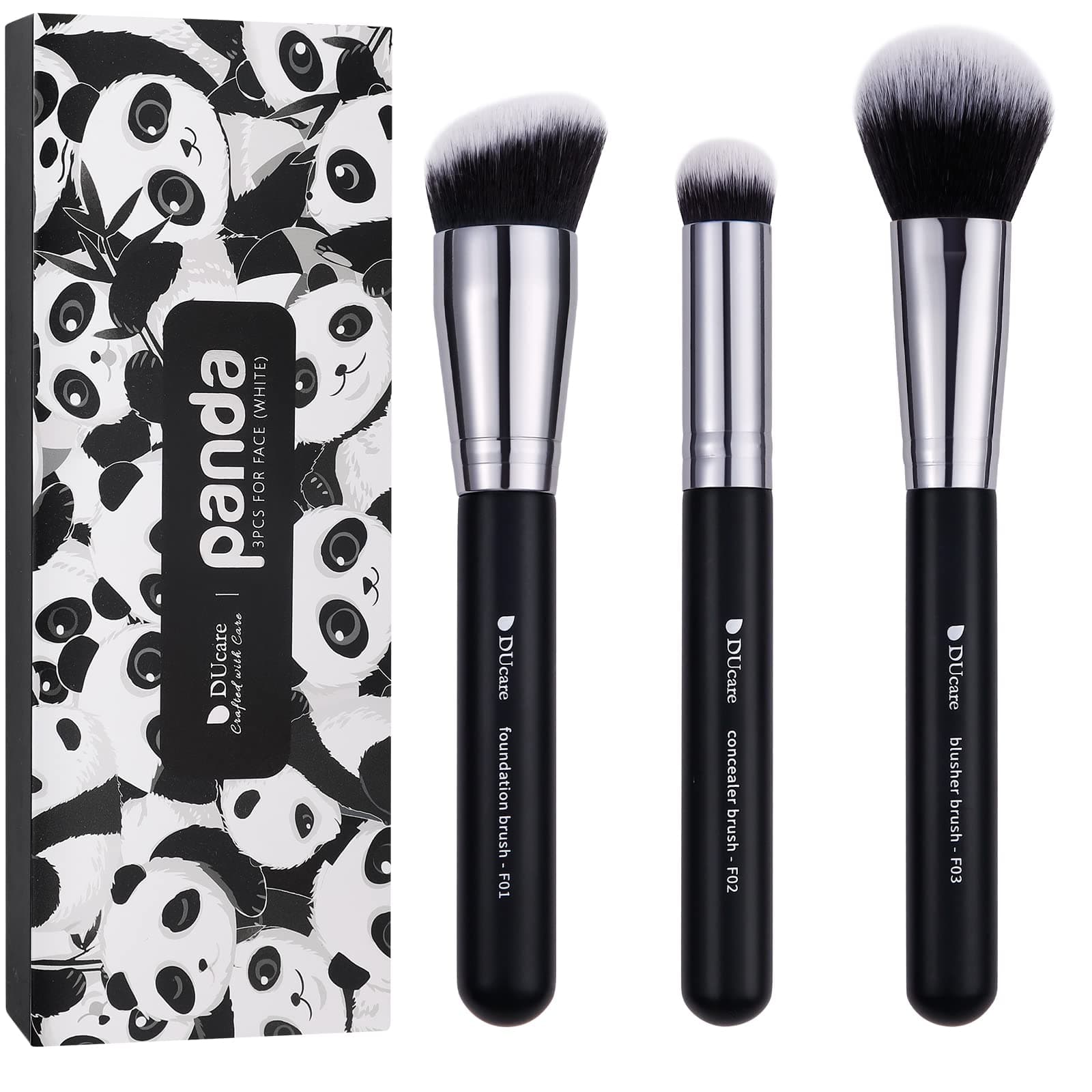 DUcare Makeup Kabuki Brushes 3Pcs Foundation Brush& Concealer Brush& Blusher Brush Face Blush Bronzer Travel Buffing Stippling Contour Liquid Blending Makeup brush set Black