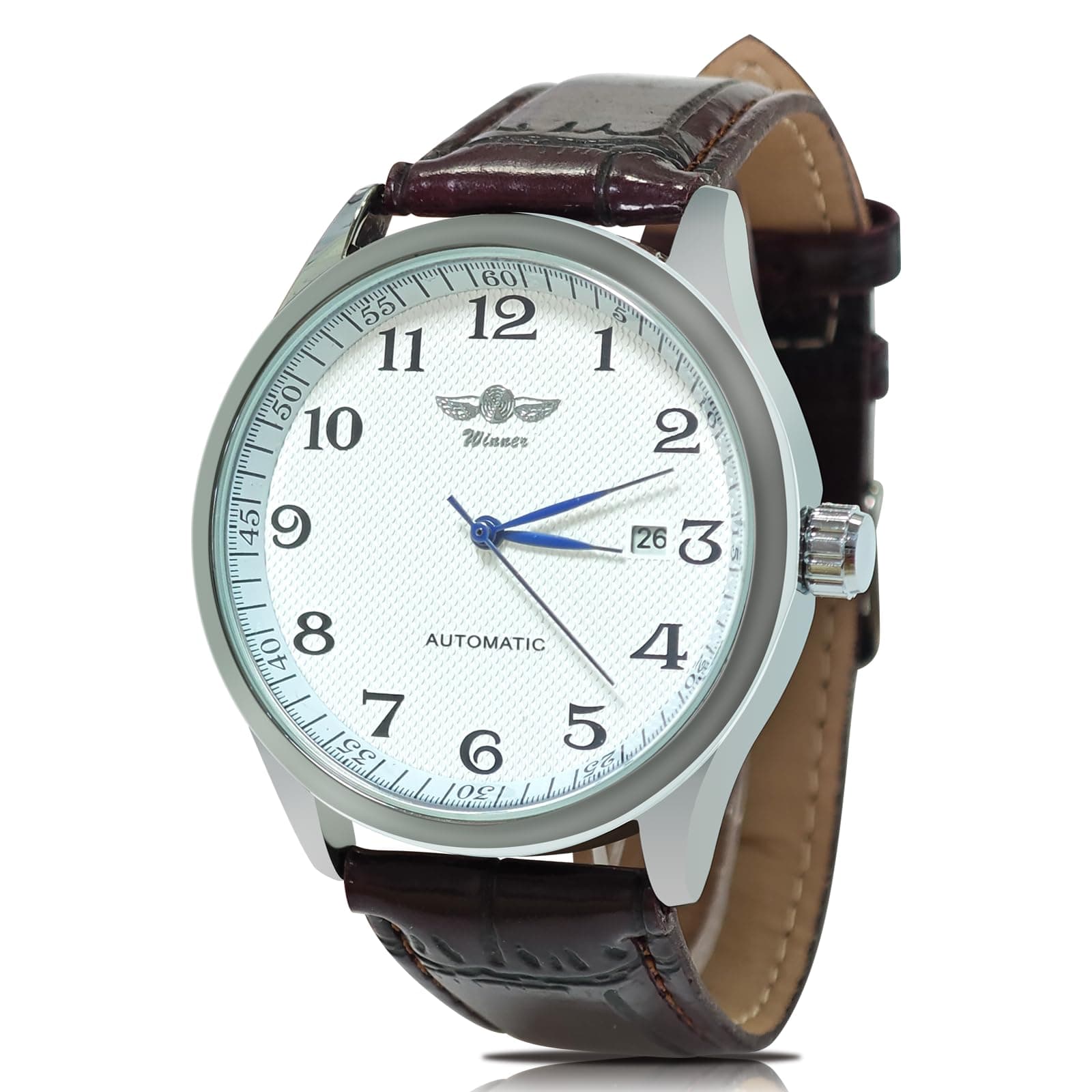 Gute Classic WINNER Mechanical Watch white Dial Blue Hands PU Band Self-wind Men-standard