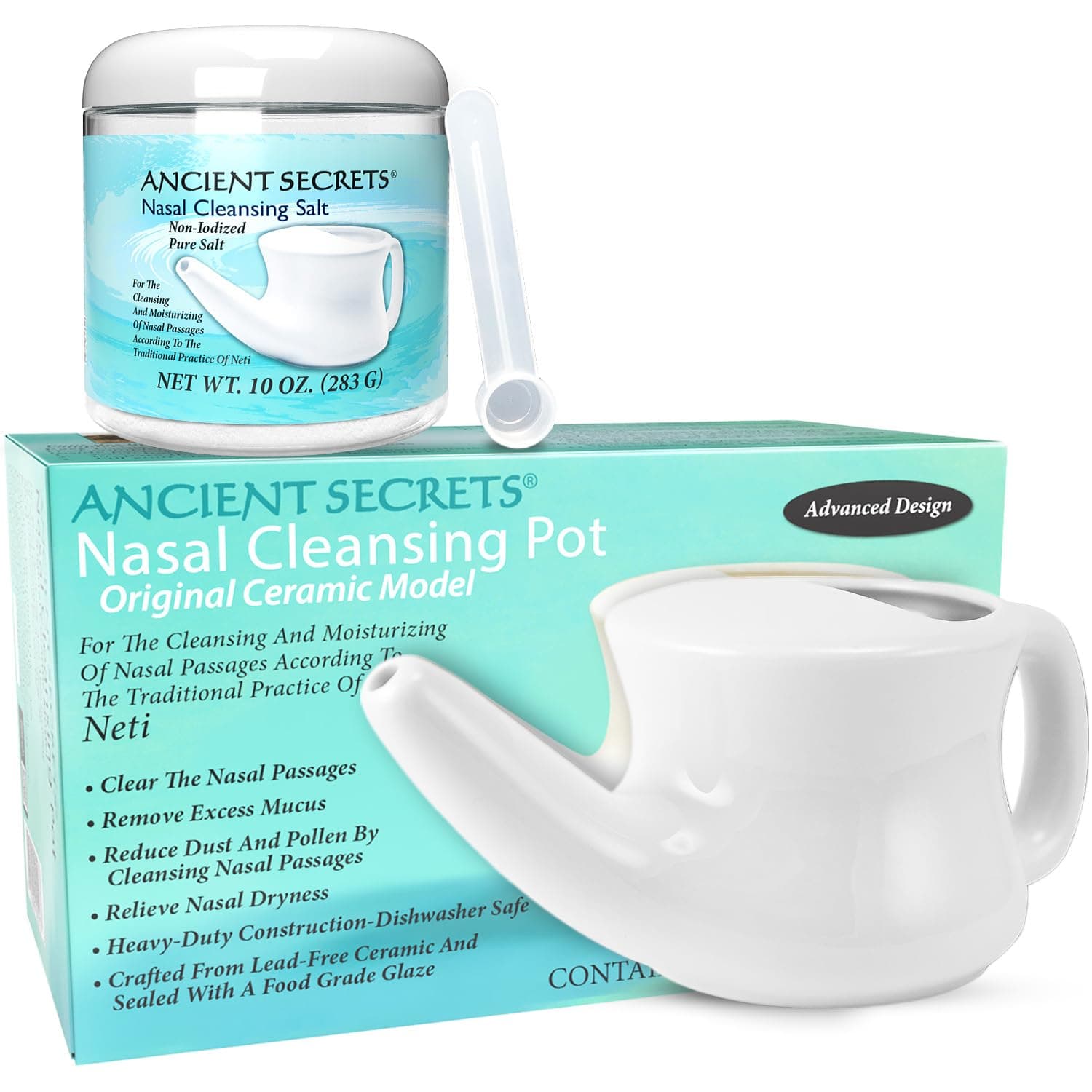 ANCIENT SECRETS Ceramic Neti Pot, Non-Iodized Cleansing Salt Included – Nasal Irrigation System, Sinus Relief, Allergy Spray Alternative