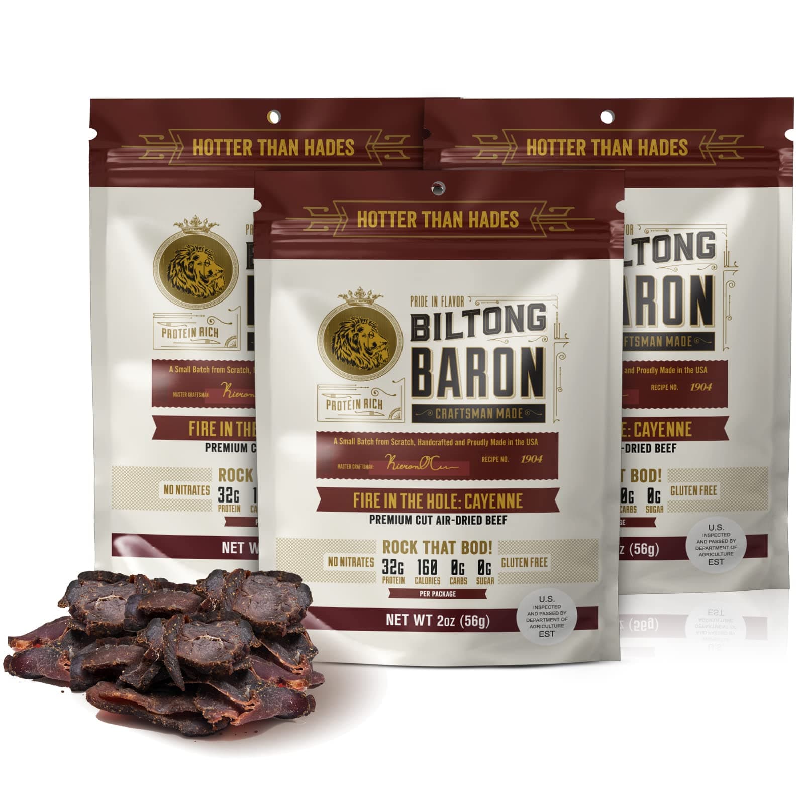 Biltong Baron Fire in the Hole (3-Pack) Spicy Beef Biltong Jerky, South African Spicy Seasoned Biltong Jerky with Cayenne Seasoning, Air-Dried, Authentic South African Beef Biltong Jerky Snack, High Protein, Zero Sugar, Zero Carbs, Paleo & Keto Friendly