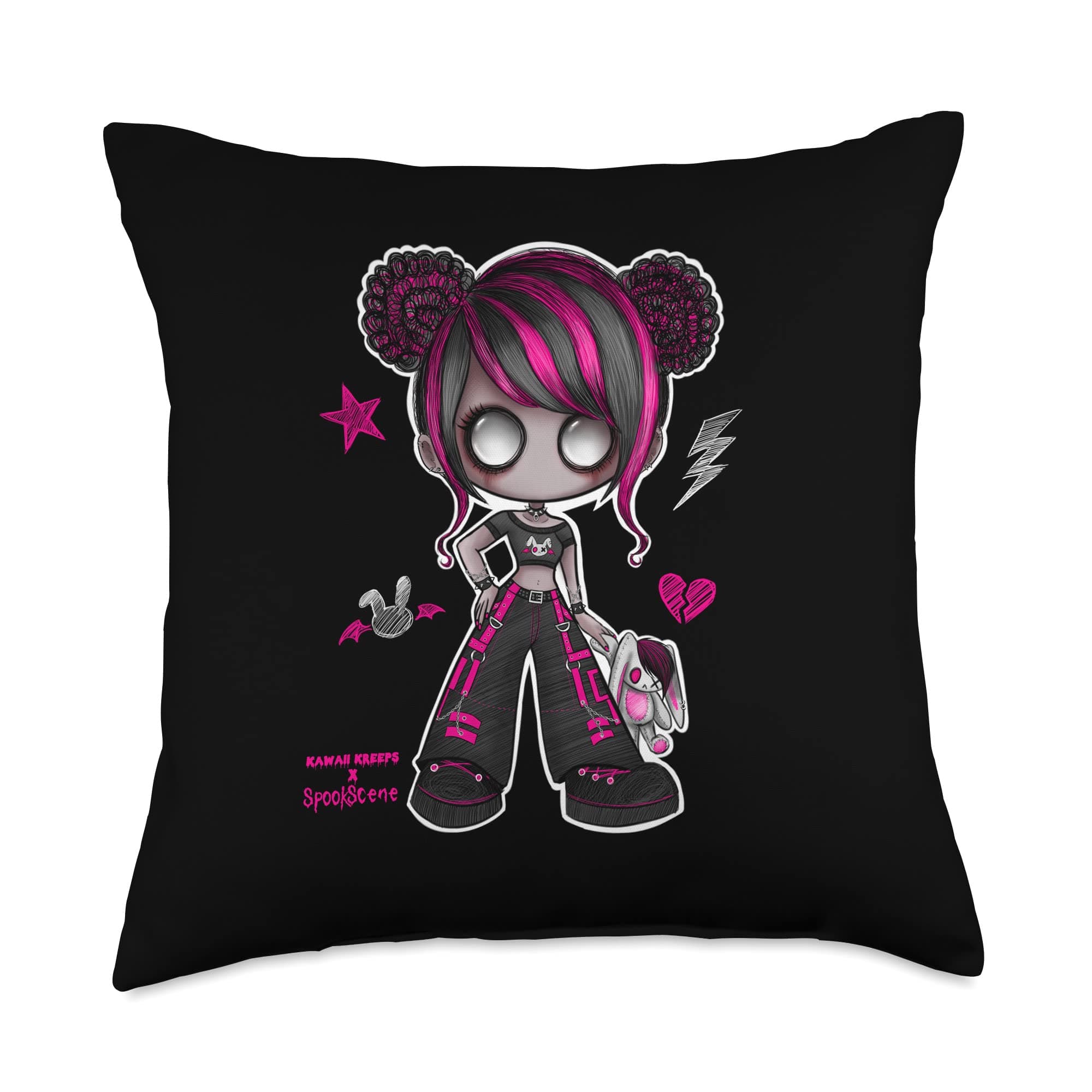 Spookscene Emo Girl Drawing Emo Bunny Doodle Mall Goth Pink Throw Pillow