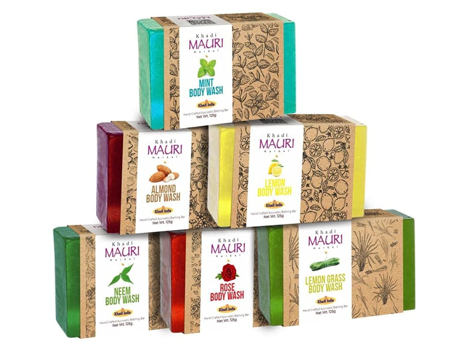 Khadi Mauri Herbal Assorted Ayurvedic Soaps Combo For Glowing Skin, 125 Gm (Pack Of 6)