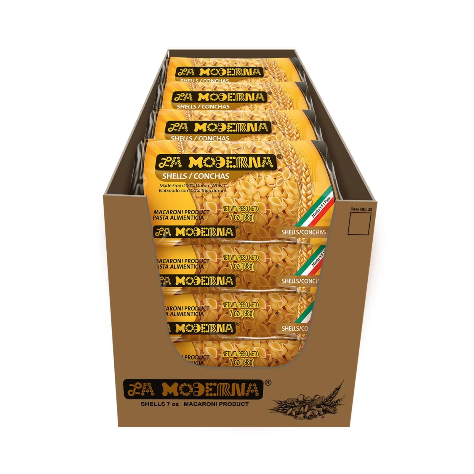 LA MODERNA, Shells, Durum Wheat Semolina, Enriched with Vitamins and Iron, Traditional Mexican Pasta, 7 oz, Pack of 20