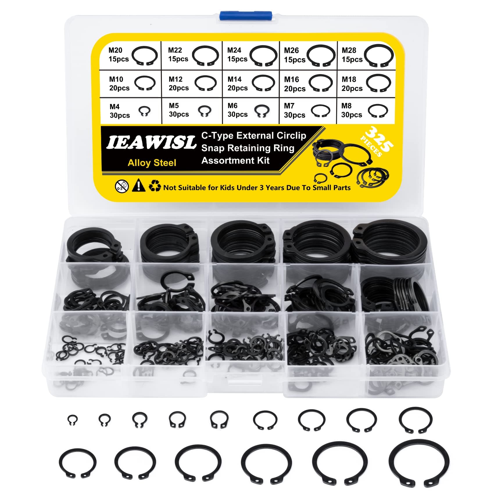 Snap Ring Set, 325Pcs Alloy Steel External Retaining Ring 15 Sizes C-Clips, Circlip Set for Axles, Shafts, and Other Moving Parts