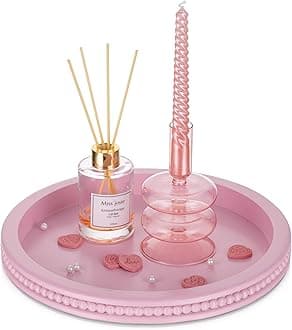 Hanobe Serving Tray Decorative Round: Pink Beaded Perfume Trays Decor for Dresser Circle Vanity Makeup Tray for Ottoman Coffee Table Bathroom Counter