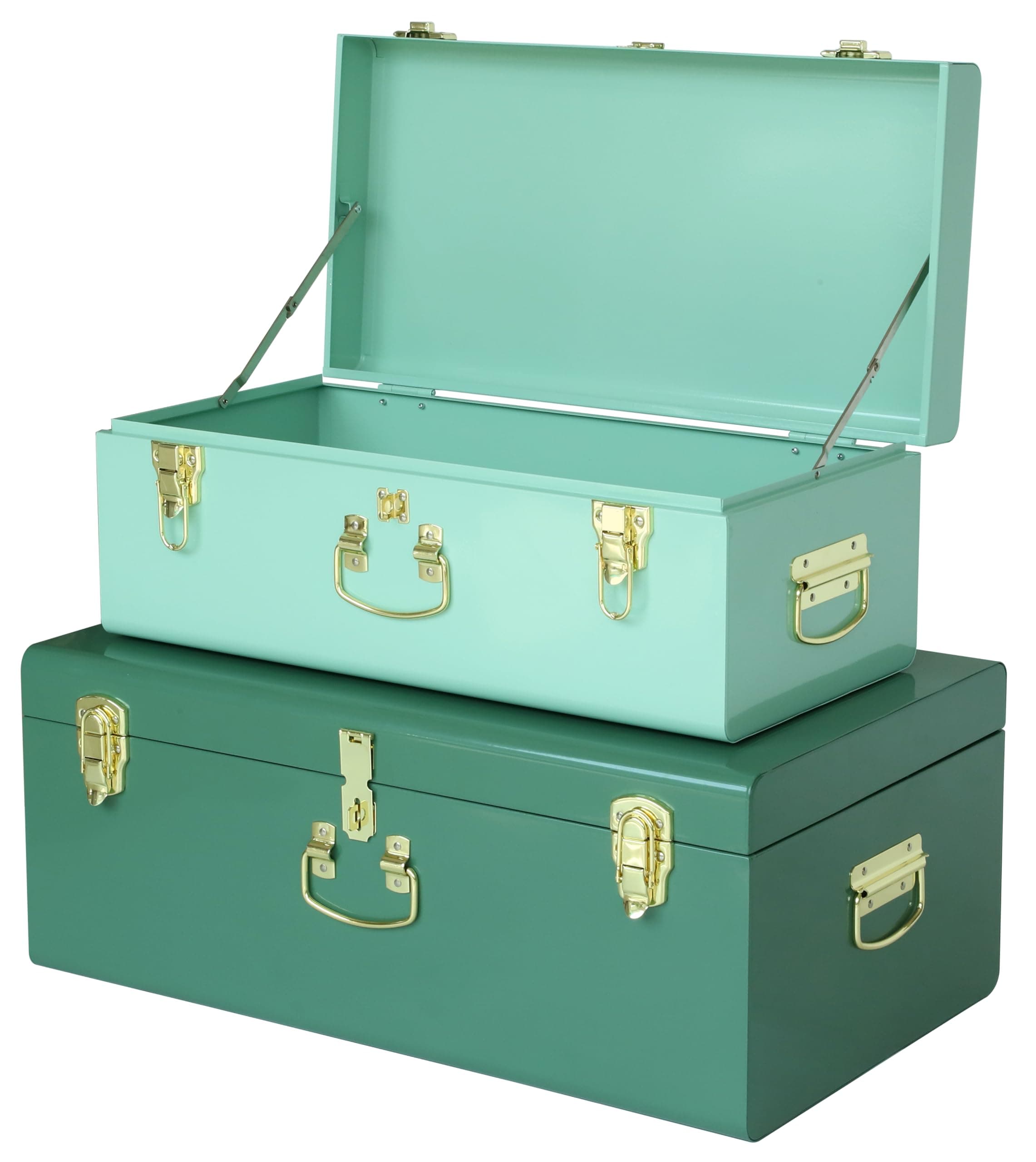 Vixdonos Decorative Large Metal Box Storage Trunk Chest Set of 2 College Dorm Organizer with Hardware Hasps and Handle for Home Deocr,23.7X14.2X9.5 Inches