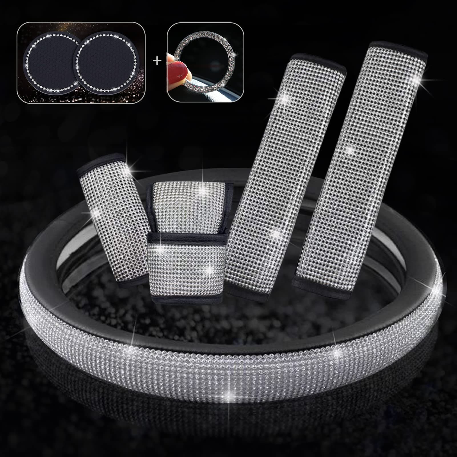 8 Pcs Bling Car Accessories Set,Bling Rhinestone Steering Wheel Cover Universal 15inch, Crystal Seat Belt Covers Handbrake Cover Gear Shift Cover,Bling Cup Coasters Start Button Rings for Women Girls