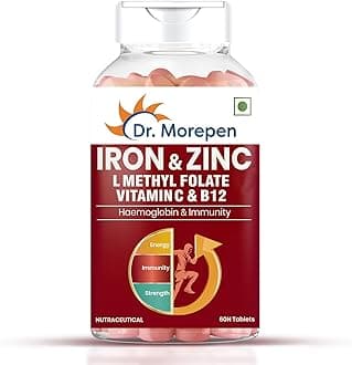 Dr.Morepen Iron & Zinc Tablets | Enriched with Iron, Zinc, Vitamin C & B12 | Natural & Safe for Men & Women | 60 Veg Tablets