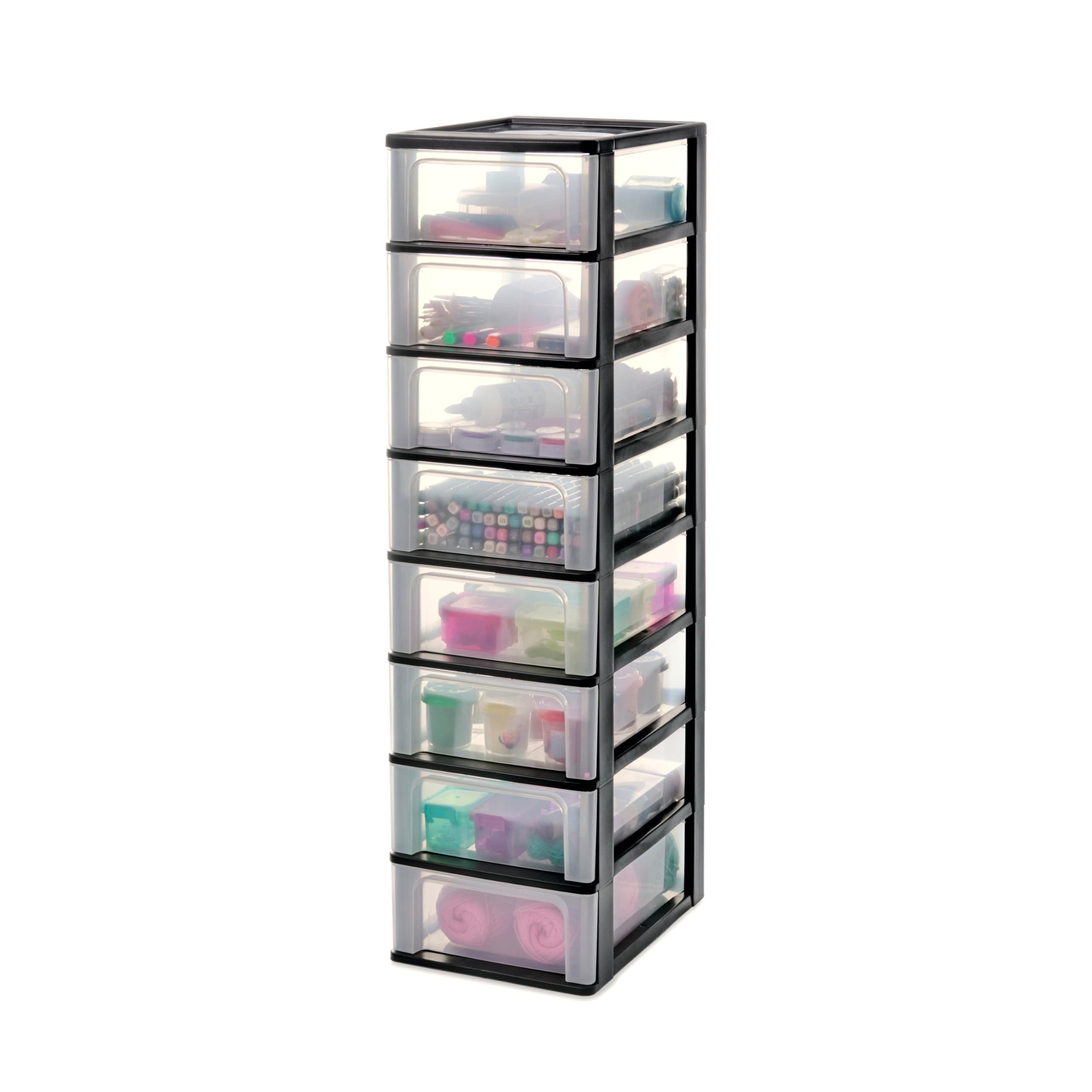 Iris Ohyama Plastic Storage Drawers Unit, 8 Shallow Drawers, Black, Easy-Pull Drawers, A4, A5 & A6 Format, File Organiser, For Office, School, Stationary, BPA Free, Chest, Tower, OCH-2008