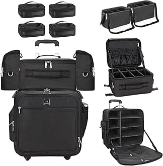 Relavel Rolling Makeup Case Professional Makeup Train Case Makeup Artist Travel Organizer 5 in 1 with Detachable Cosmetic Case and Dual Makeup Brush Case and Wheels (Black, 4-Pack)
