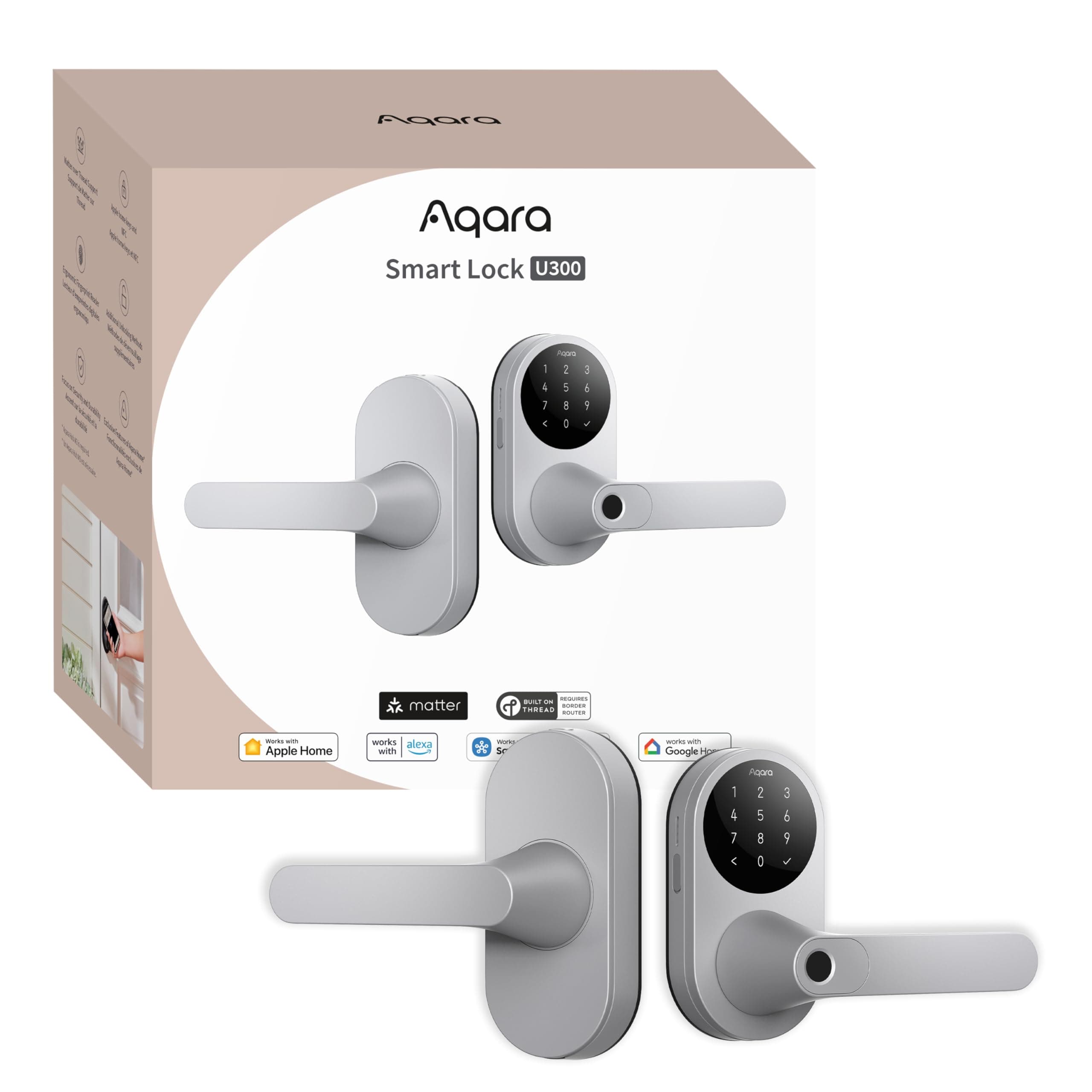 Aqara Smart Lock U300, Fingerprint Keyless Entry Door Lock with Handle, Matter Over Thread with Apple Home Keys, Touchscreen Keypad, Smart Lever Lock Supports Apple Home, Alexa, Google, IFTTT, Silver