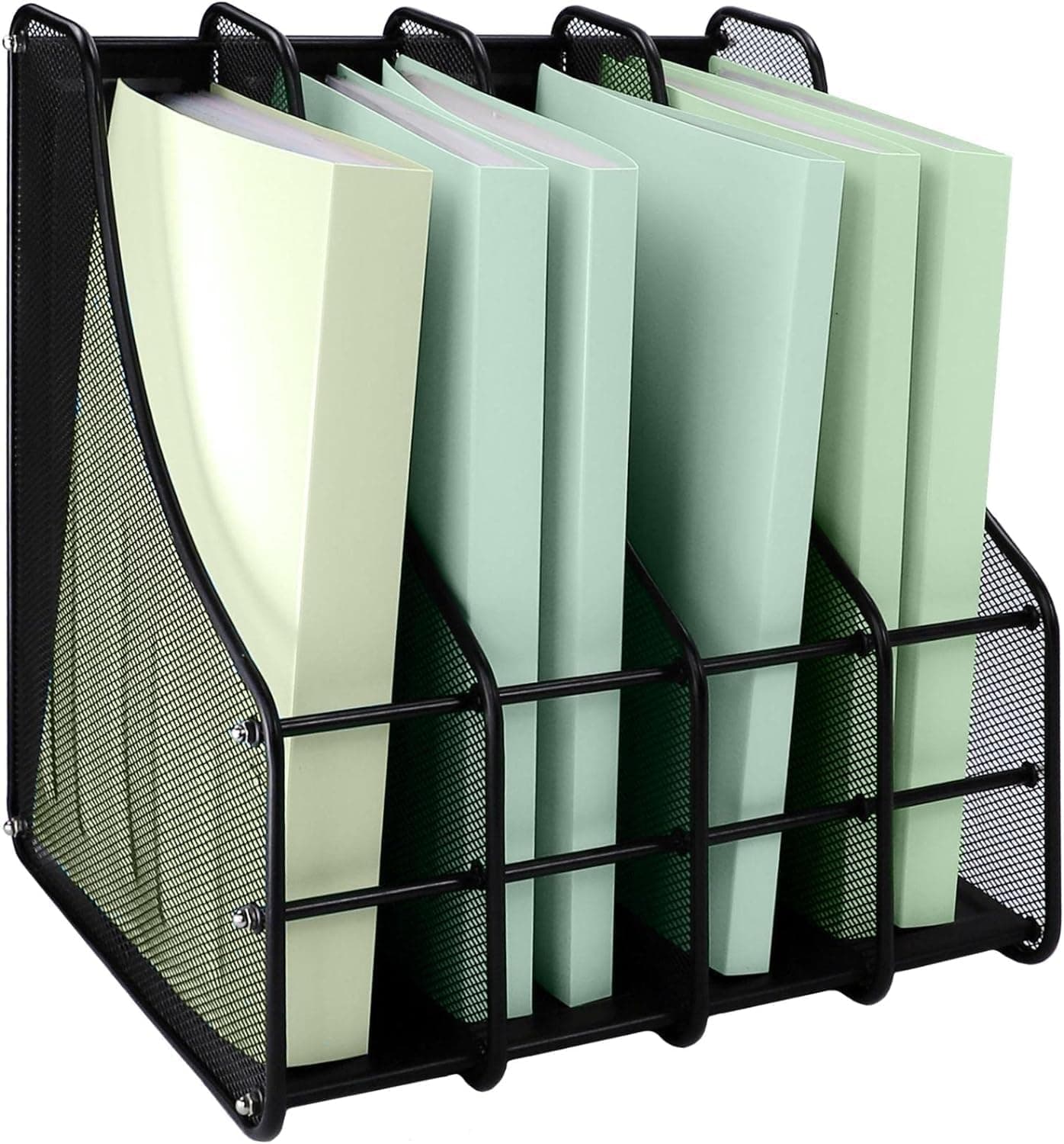 Klever Kitchen Metal Mesh 4 Compartment File Rack - Magazines, Newspaper, Books & Files Holder, Heavy Duty Office Desktop Document & File Organizer (Black) - Freestanding, Tiered Shelf