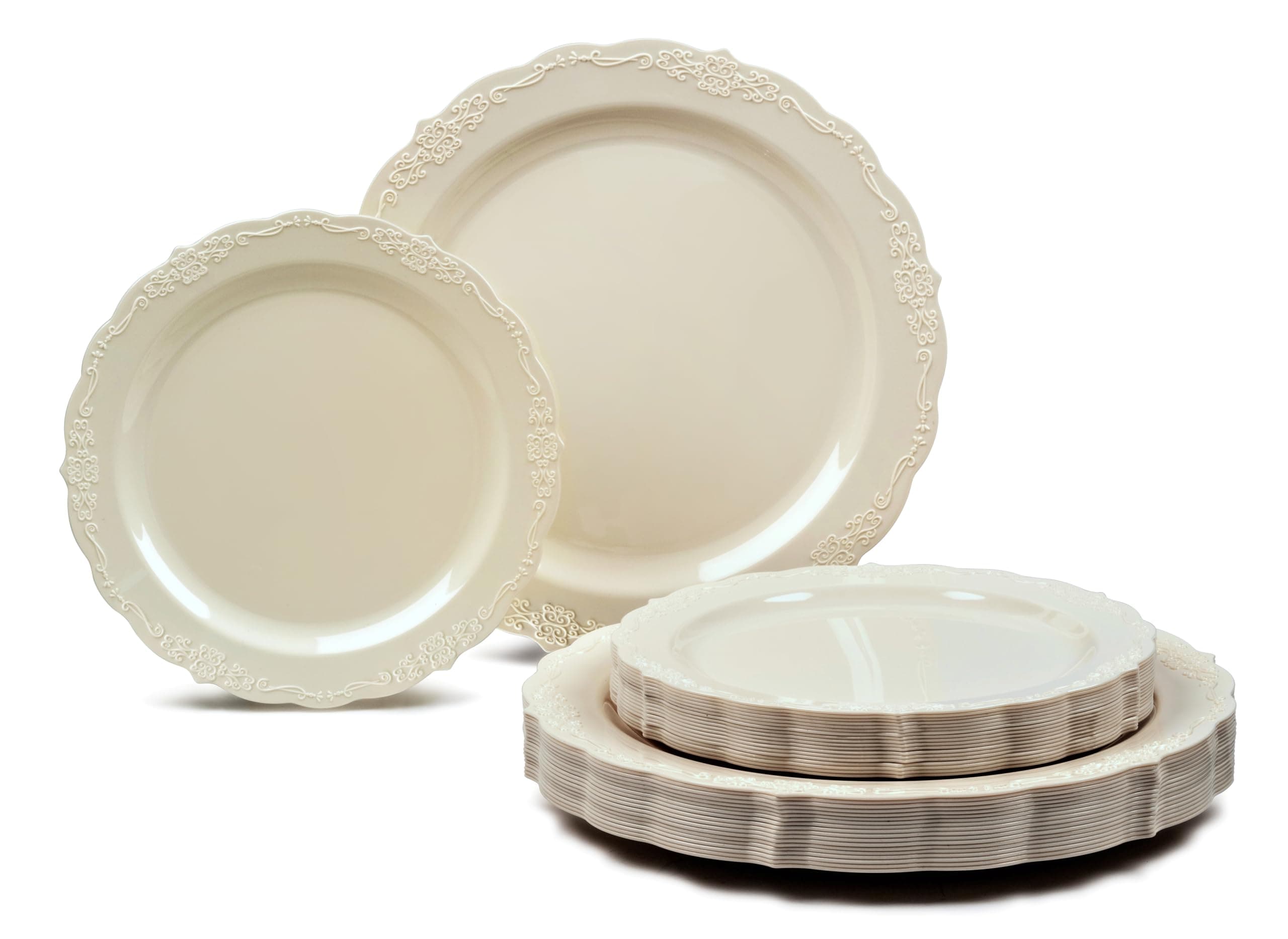 OCCASIONS 50 Piece Plastic Plates Set for 25 Guests – Premium Disposable Dinner & Dessert Plates, Elegant Party & Wedding Tableware, BPA-Free, 10" & 7.5" Plates, Verona in Ivory