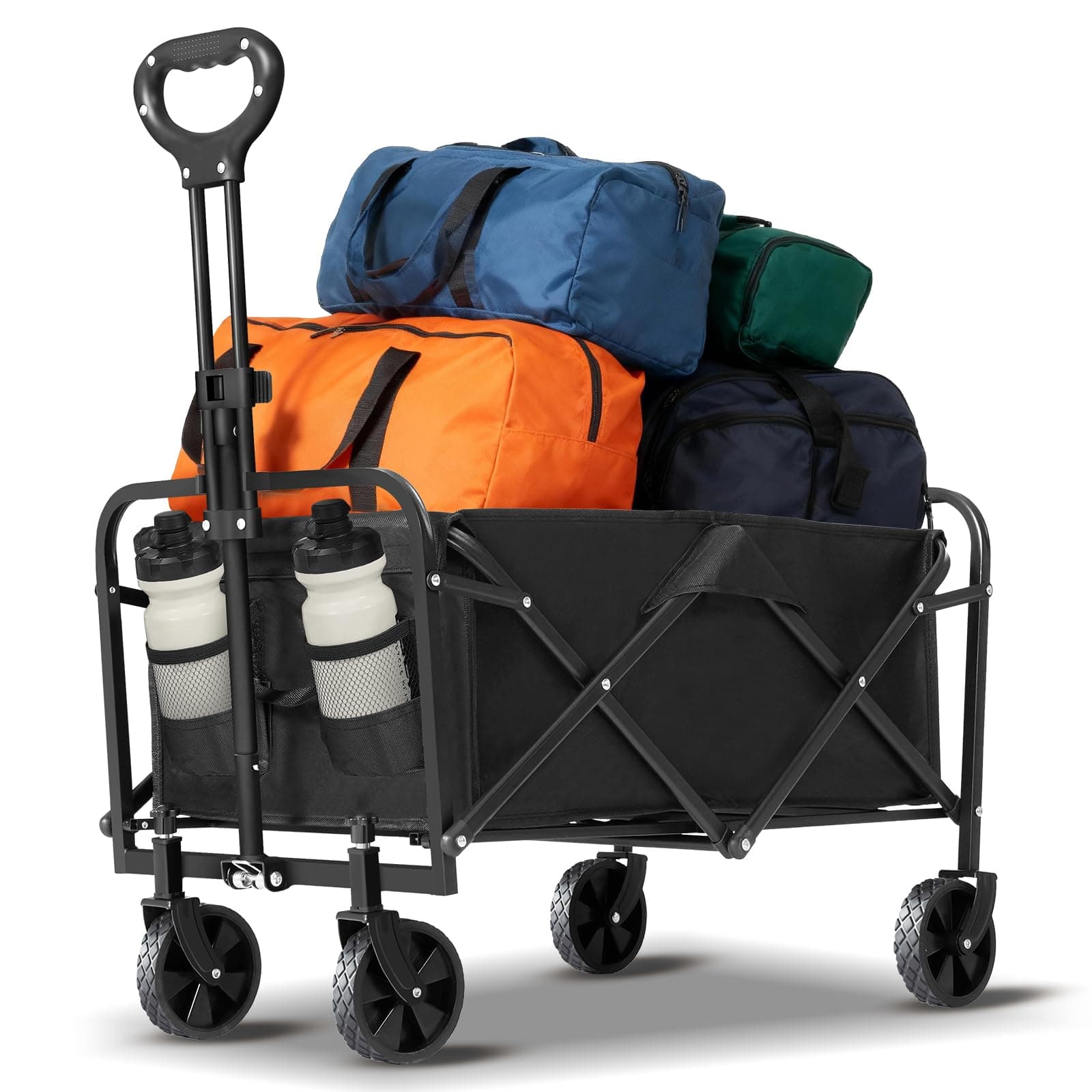 Collapsible Folding Wagon Cart with Wheels, 220 LBS Capacity, Lightweight Portable Utility Cart with Flexible Handle for Grocery Sports Garden Camping