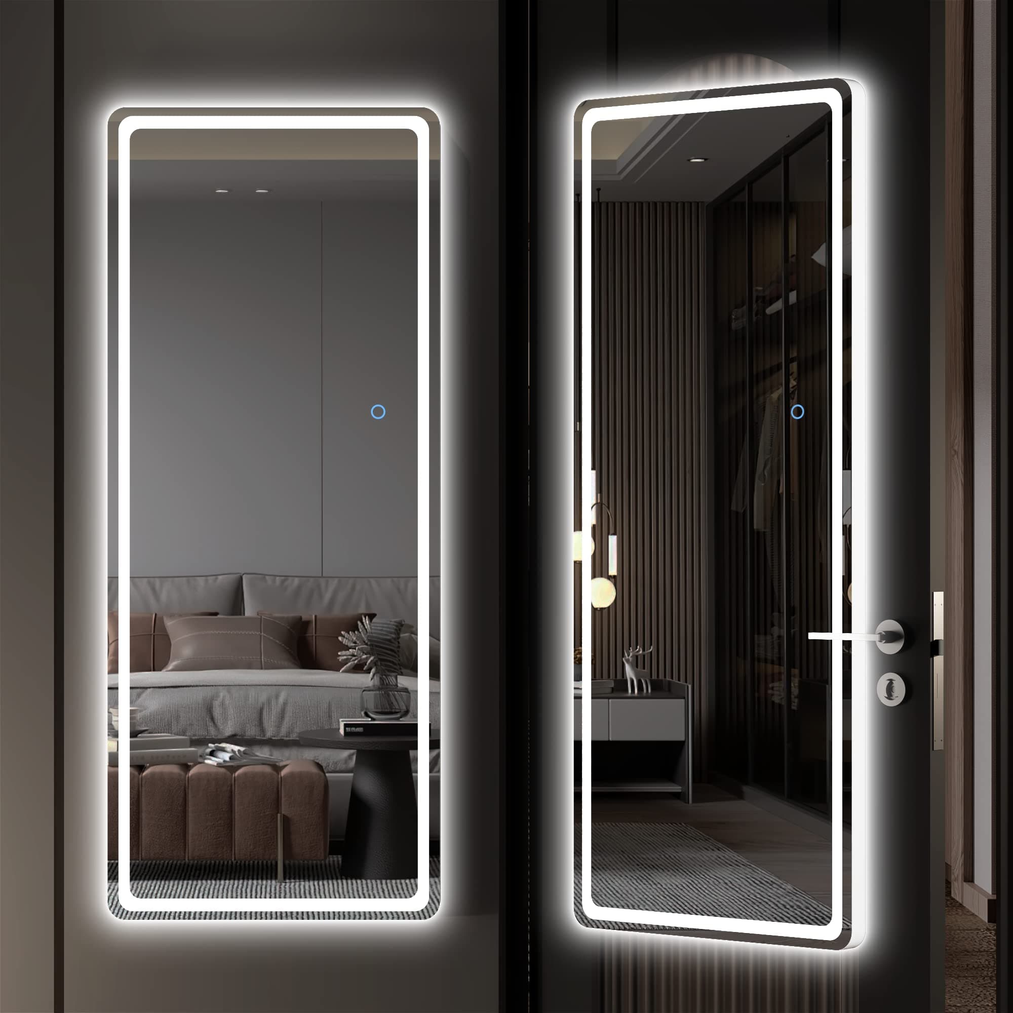 Hasipu LED Door Mirror Full Length, 44.1" x 15.8" Lighted Over The Hanging, Full Body Wall Mounted, Light Up Long Dressing, Round White