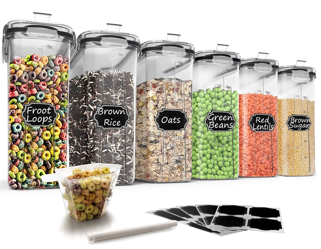 Wildone Cereal Storage Containers Set, Large BPA Free Plastic Airtight Food Storage Containers 4L for Flour, Sugar, 6 Piece Set Cereal Dispensers with 20 Labels & Marker, Black
