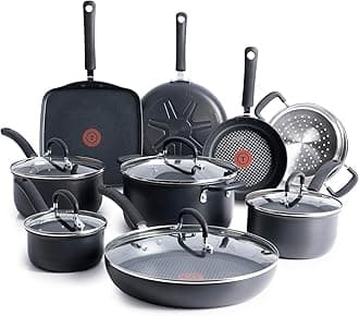 Ultimate Hard Anodized Nonstick Pots and Pans Set 14 Piece, Oven Broiler Safe 400F, Kitchen Cooking Set w/Fry Pans, Saucepans, Griddle, Dutch Oven, Dishwasher Safe, Cookware, Black