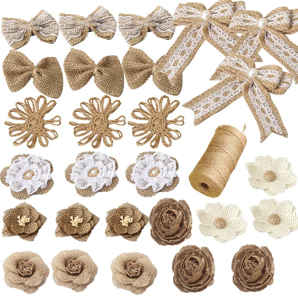 Burlap Flowers Set, 27PCS 9 Styles Natural Handmade Rustic Lace Rose and 1 Roll Jute Twine for DIY Arts Craft Valentine Gift Wedding Decoration and Floral Crafts Making, Durable Packing String-A