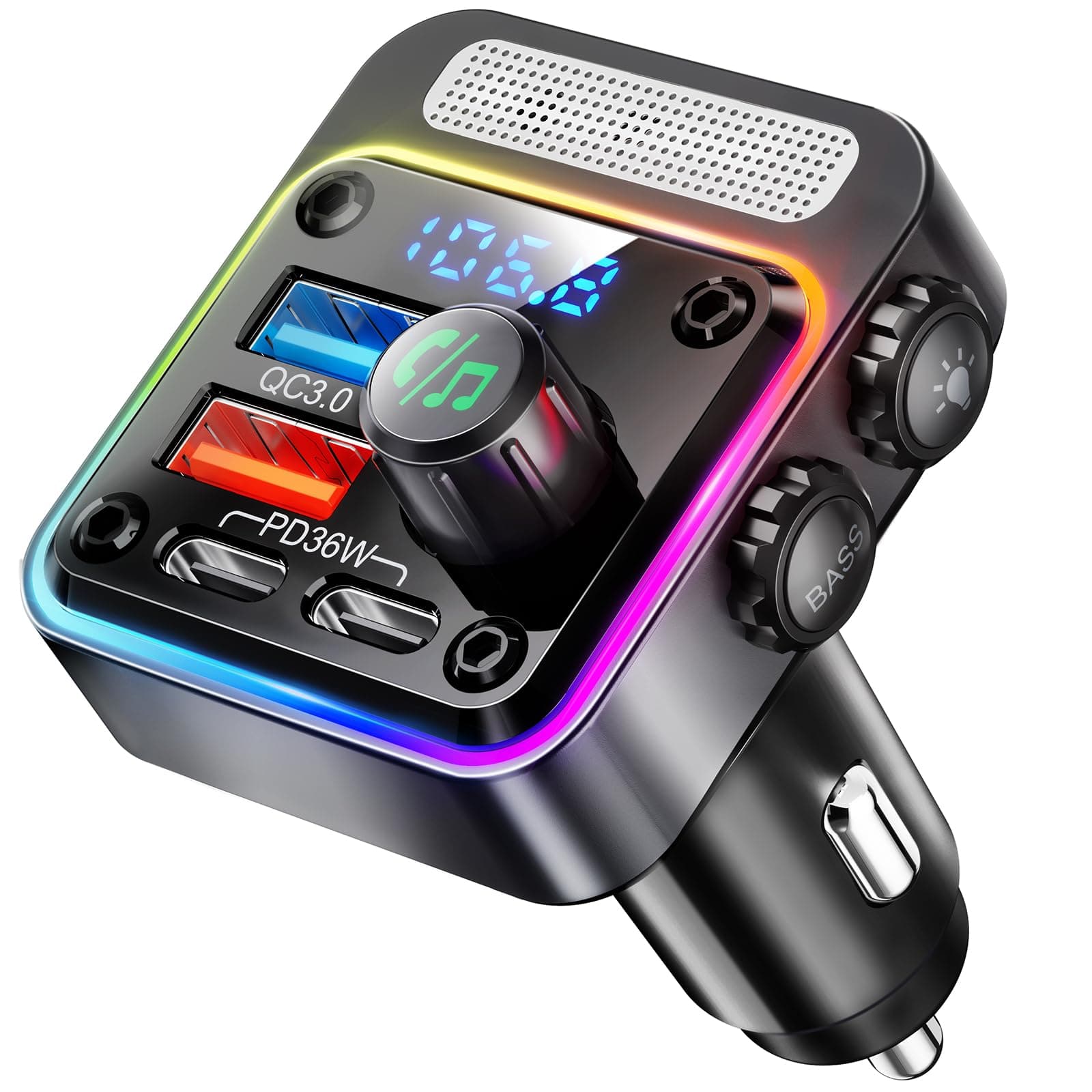 54W Bluetooth 5.3 Car Adapter with 4 Charging Ports [PD 36W & QC3.0 18W], Wireless Radio FM Transmitter, Bluetooth Transmitter, Deep Bass Player, 5 Colors LED Backlit, Hands-Free Calls, Black