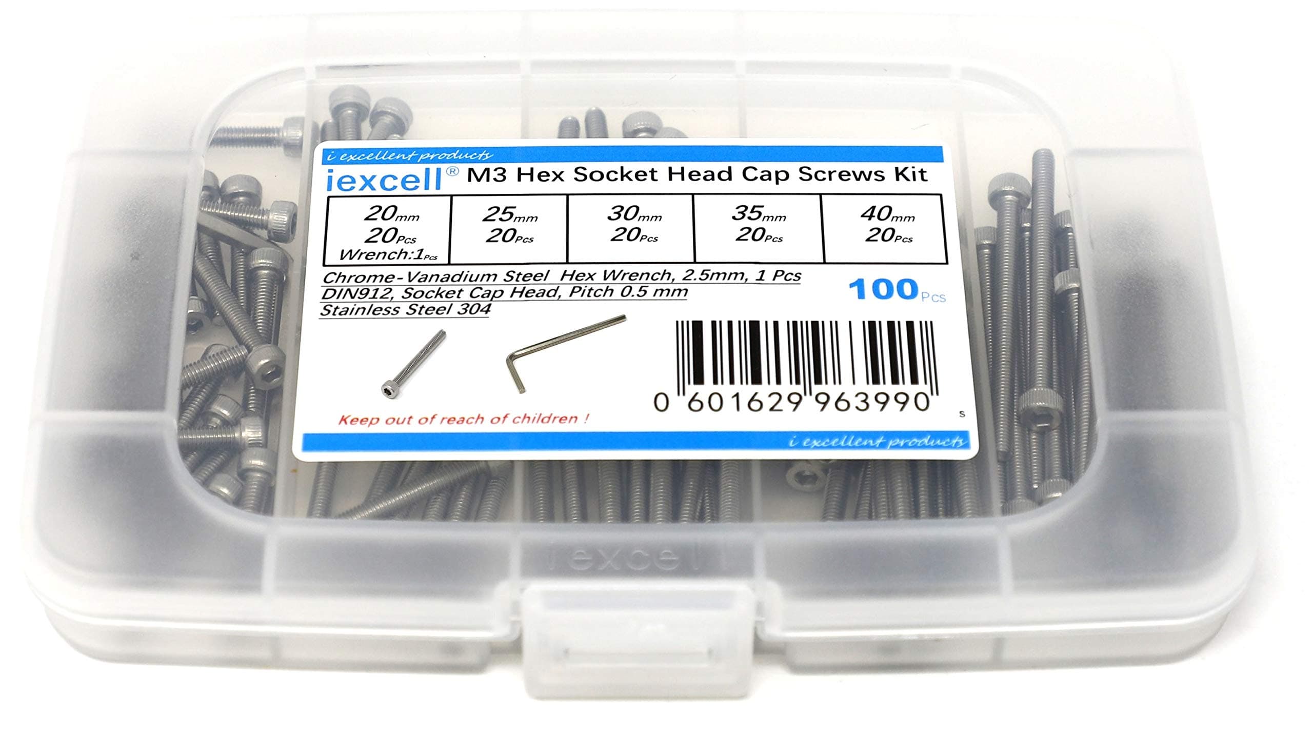 iExcell 100 Pcs M3 x 20/25/30/35/40 mm Stainless Steel 304 Hex Socket Head Cap Screws Bolts Assortment Kit