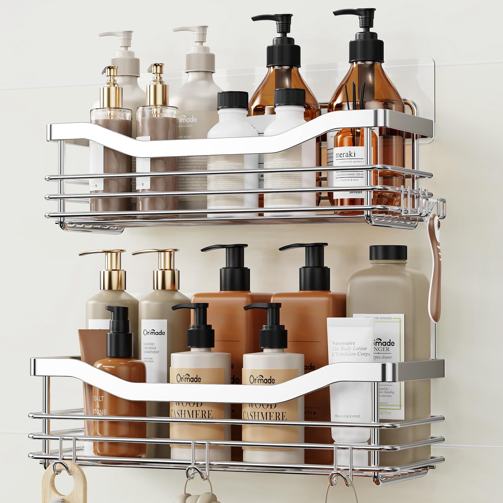 Orimade Shower Caddy Basket Shelf Storage Rack Pack of 2, No Drilling Wall Mounted Adhesive Rust Proof Stainless Steel Shower Organizer with 5 Hooks for Bathroom, Toilet, Kitchen