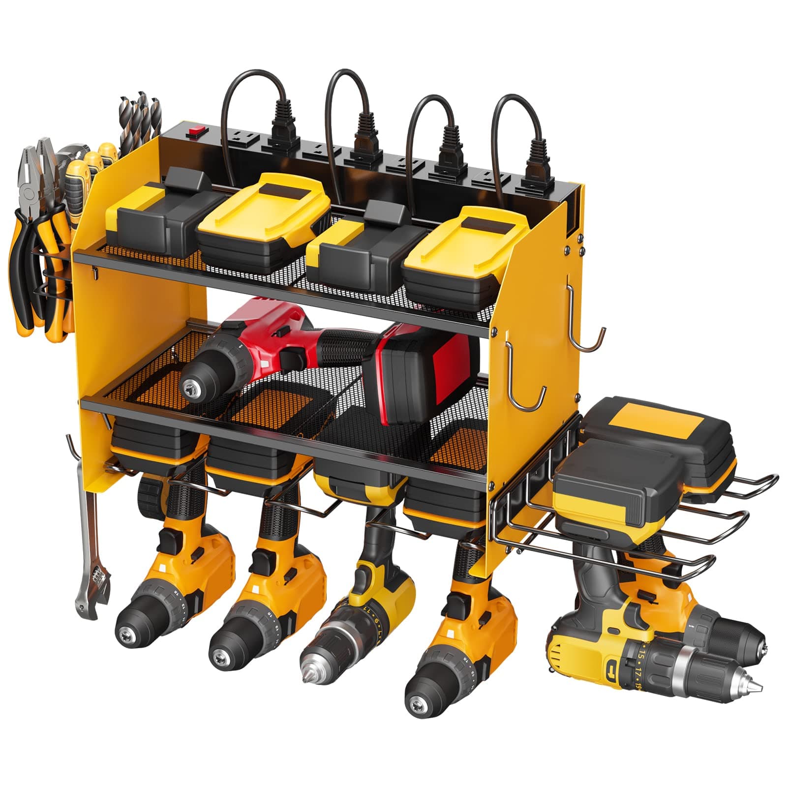 CCCEI Modular Power Tool Organizer Wall Mount Charging Station, Yellow 6 Drills Holder with 8 Plug Power Strip, Garage Drill Battery Heavy Duty Metal Shelf, Utility Rack with Hooks, Side Storage.