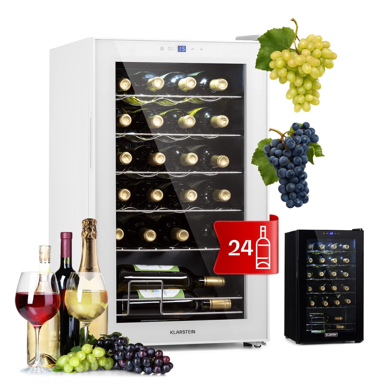 Klarstein Free-Standing Wine Cooler Drinks Fridge, 63L Single Zone Wine Fridges, Wine Prosecco & Beer Bottles, Wine Fridge with Glass Door, Indoor/Outdoor Bar Fridge and Wine Cooler, 24 Bottles