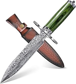 Fixed Blade Knife with Leather Sheath, Survival Camping Damascus Feather Knives D2 Steel with Green Pakkawood Handle, Damascus Knife for Outdoor Use
