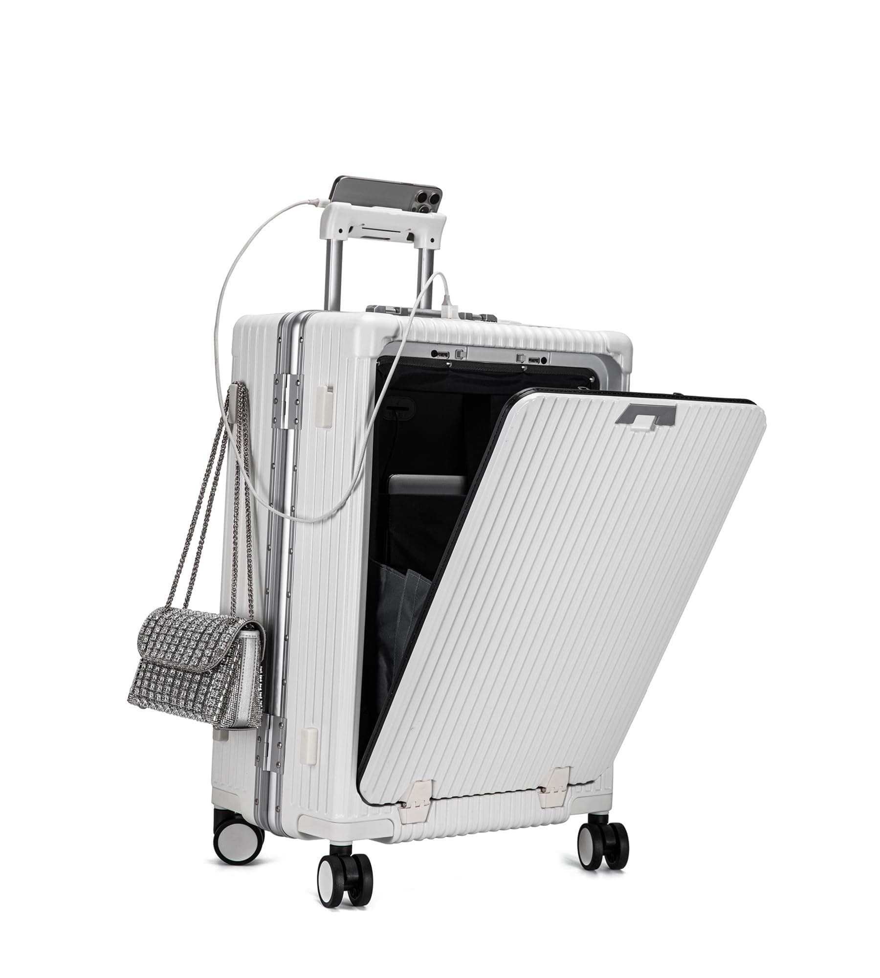 Aluminium Frame PC Hard Shell Spinner Wheels Luggage,20.8"X15"X8.7 Airline Approved Built-In TSA lock Carry on Suitcase, with Cup Holder, USB Port, Phone Holder