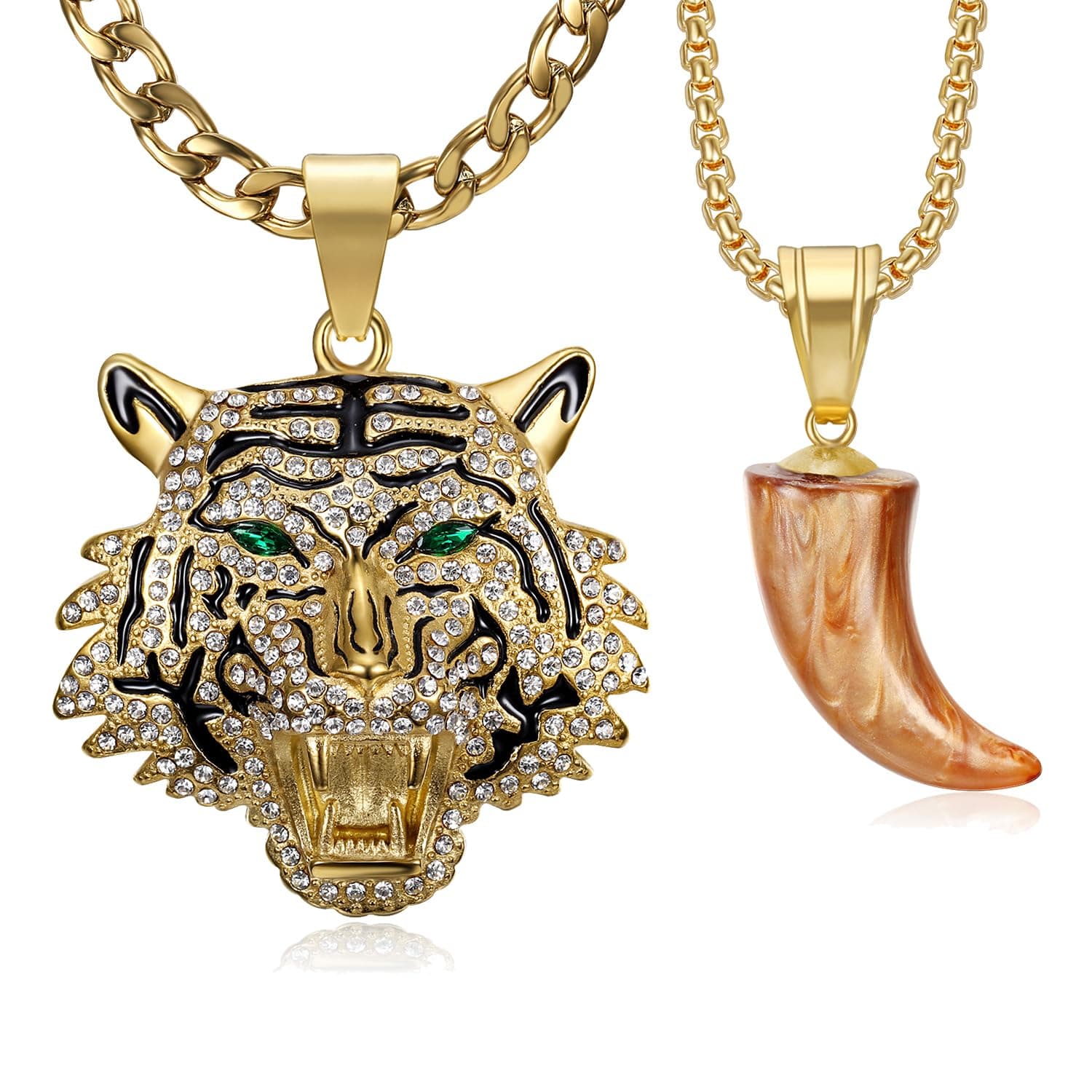 CZ Fully Roaring Tiger Head With Green Red Eyes Pendant Punk Rock Stainless Steel Necklace, 24 Inch 7mm Chain For Men Hip Hop Animal Jewelry-I'm the King