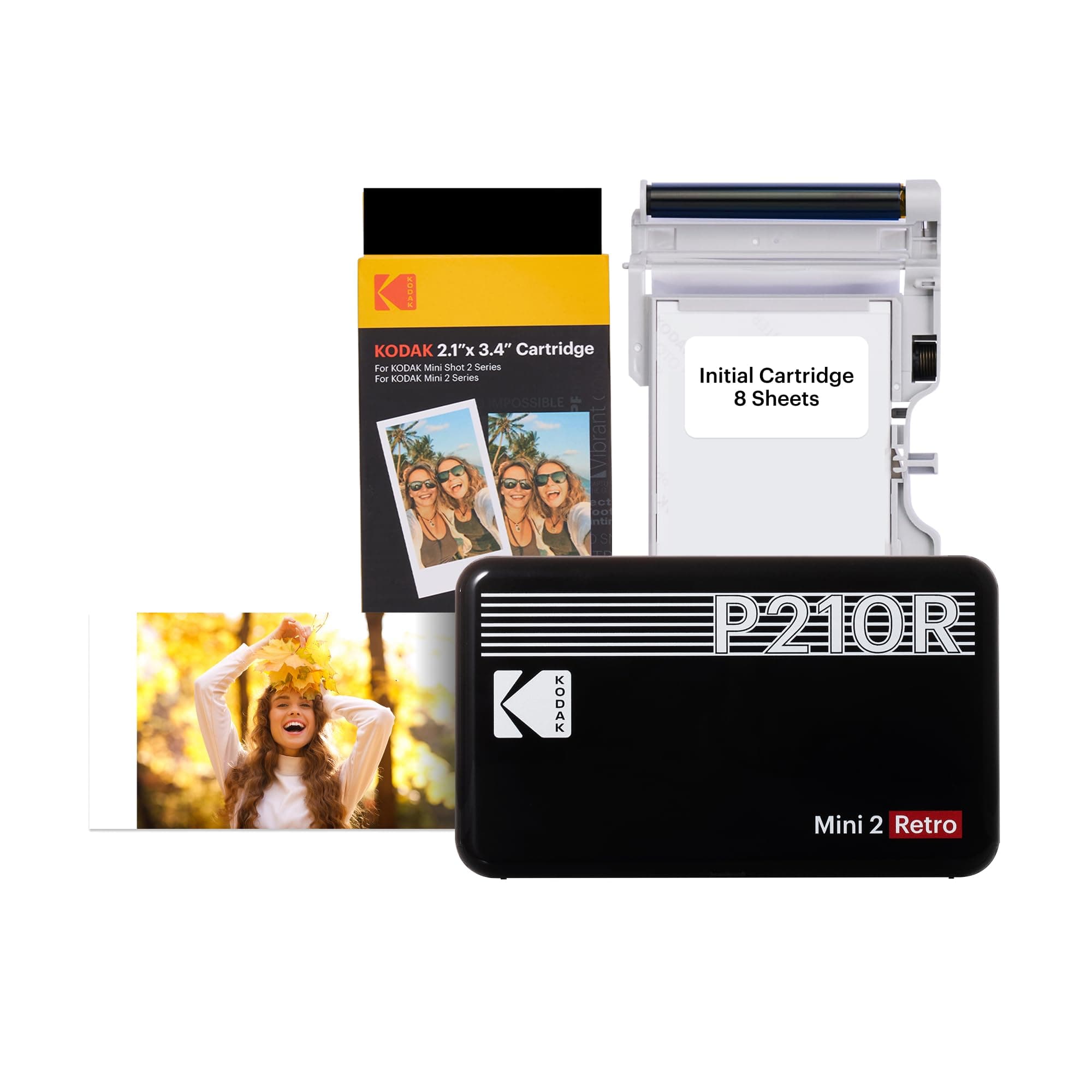 KODAK P210 Mini 2 Retro, Mobile Coloured Photo Printer, Compatible with Smartphone (iOS & Android), Bluetooth, 54 x 86 mm, 4Pass Technology, Lamination, 6 Cartridges, 68 Sheets, Black